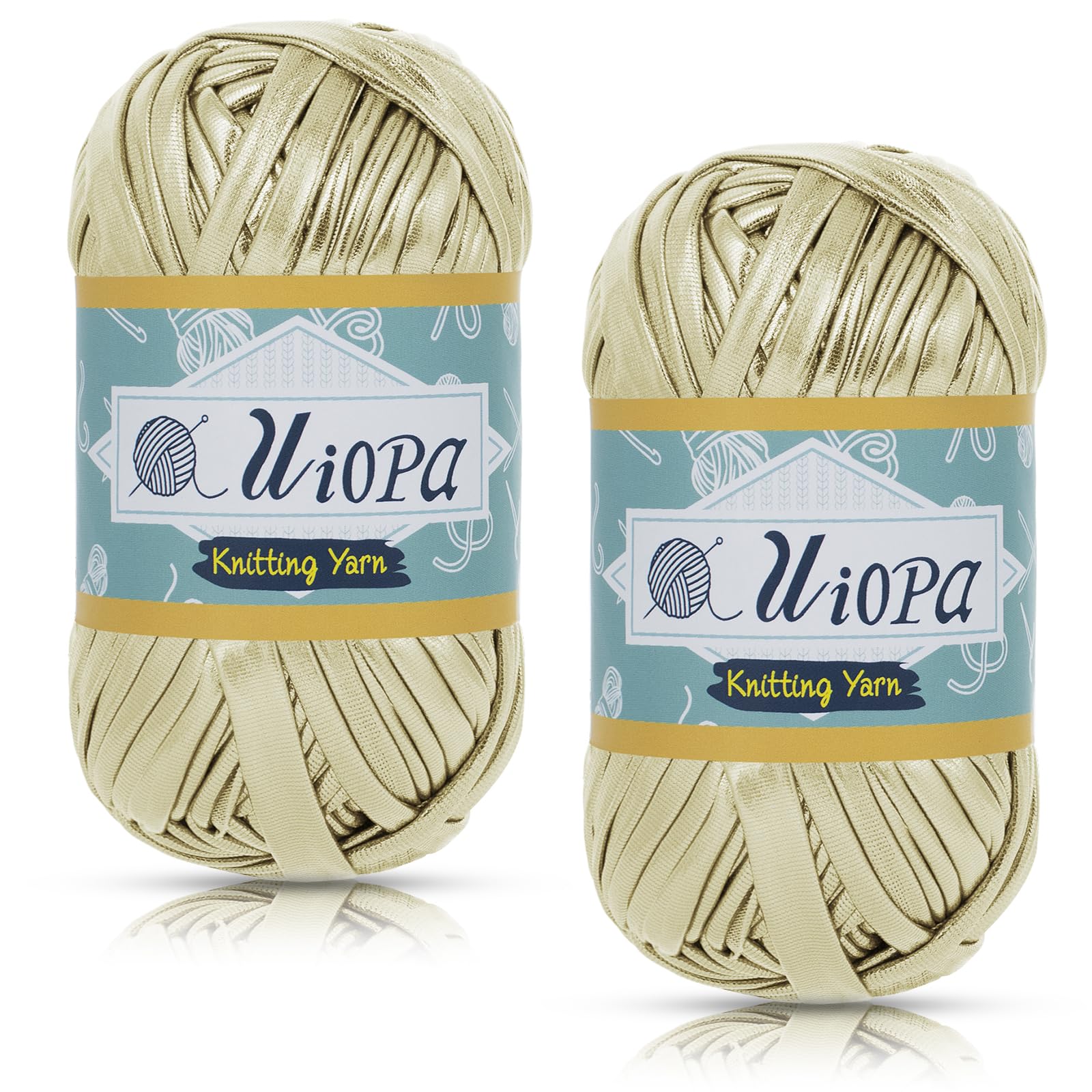 Uiopa Metallic T-Shirt Yarn, 2 x 100g(2 x 45m) Knitting Fabric Cloth Tshirt Yarn, Polyester Chunky Crochet Ribbon for Crocheting Bags, Baskets, Home Decor, DIY Crafts (Champagne Gold)