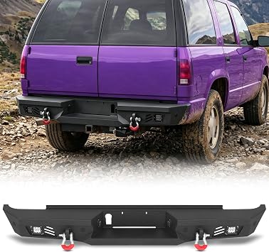 MONOKING Rear Bumper for 1992-1999 Chevy Suburban and Yukon, 1995-1999 Tahoe Heavy Duty Steel Bumper with LED Lights, D-Rings, Sensor Holes & Step Plate, Textured Black