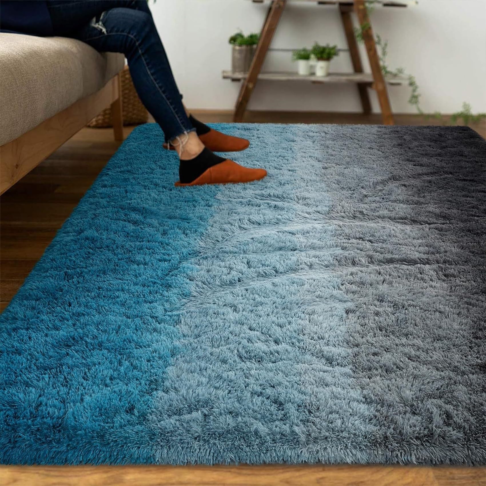 Alfombra Antideslizante 150 x 400 cm, Felpa Sedosa La Pelusa Mullida, Suave Al Tacto, Rectangular Varios Tamaños, para Interior, Baño Panorama Alfombra Vinílica,Azul Grisáce