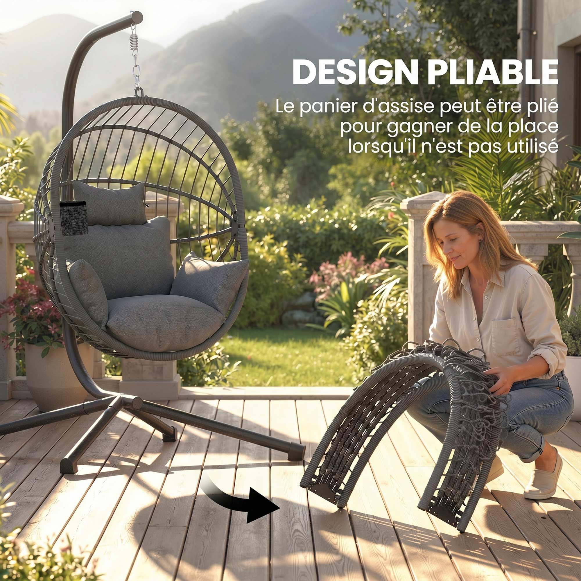 Outsunny Fauteuil Suspendu, Fauteuil œuf Suspendu, Chaise hamac balançoire - Panier Pliable, Coussin rembourré, Poche, Oreiller, Chaise Suspendue cocooning intérieur et extérieur, Gris