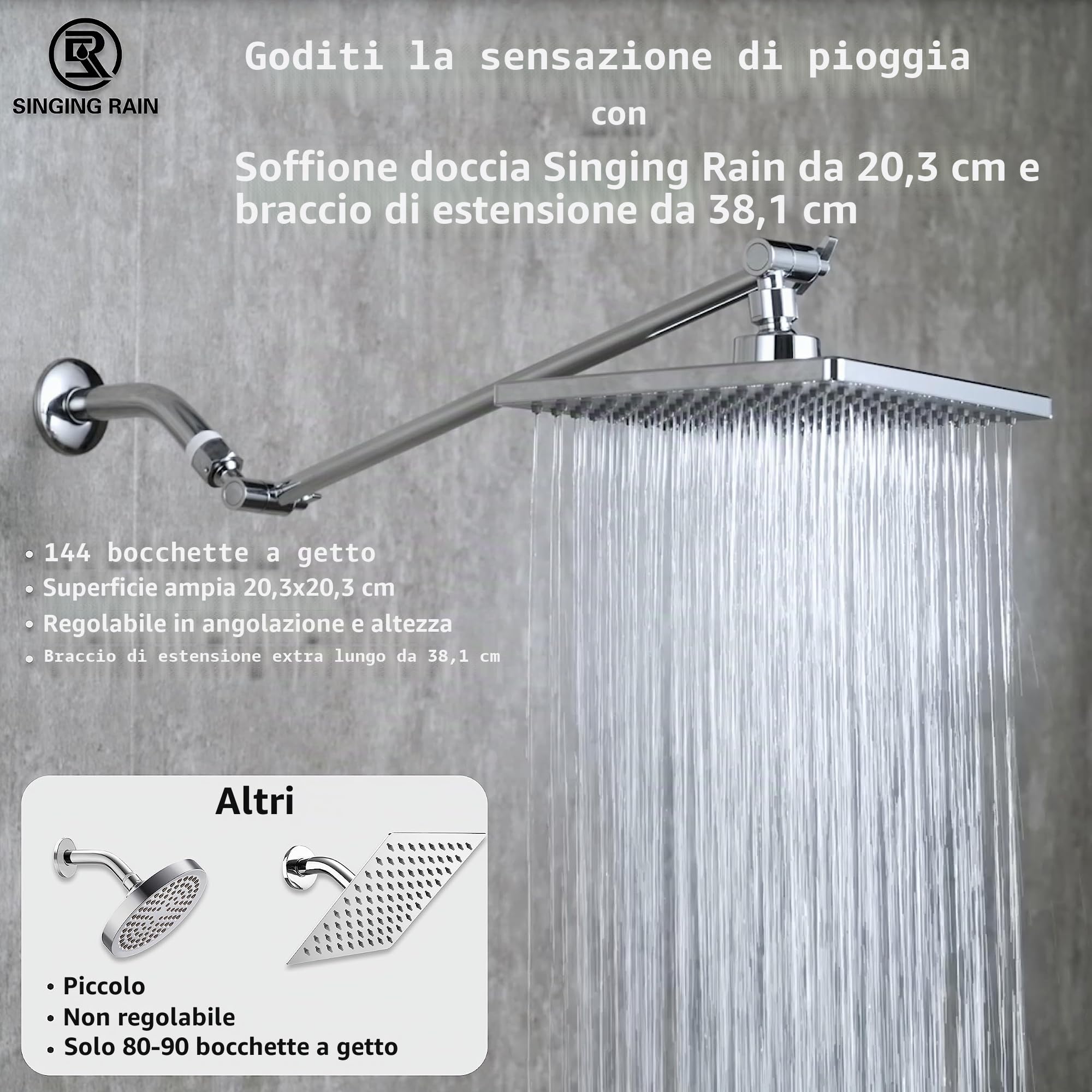 Soffione doccia a pioggia da 20,3 cm con braccio di estensione da 38,1 cm abbinato, soffione quadrato fisso con superficie ampia, extra lungo in altezza e angolazione regolabili, braccio