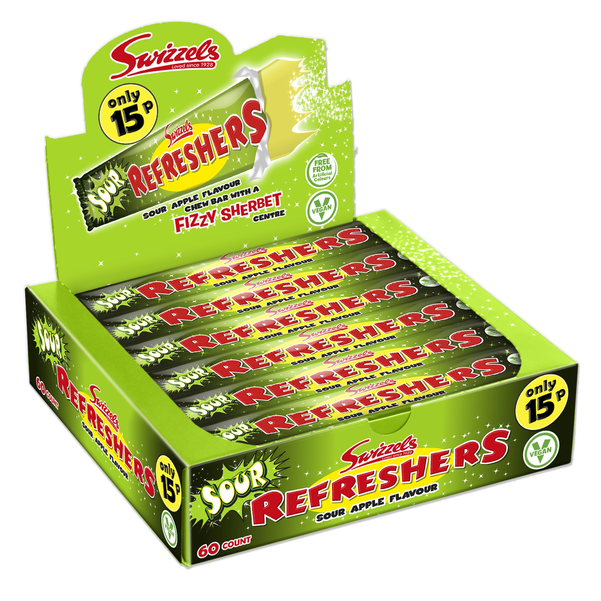 Swizzels Refreshers Sour Apple Chew Bars 60 Pack, Fizzy Sherbet Centre Retro Sweets, Individually Wrapped PMP Candy Bars