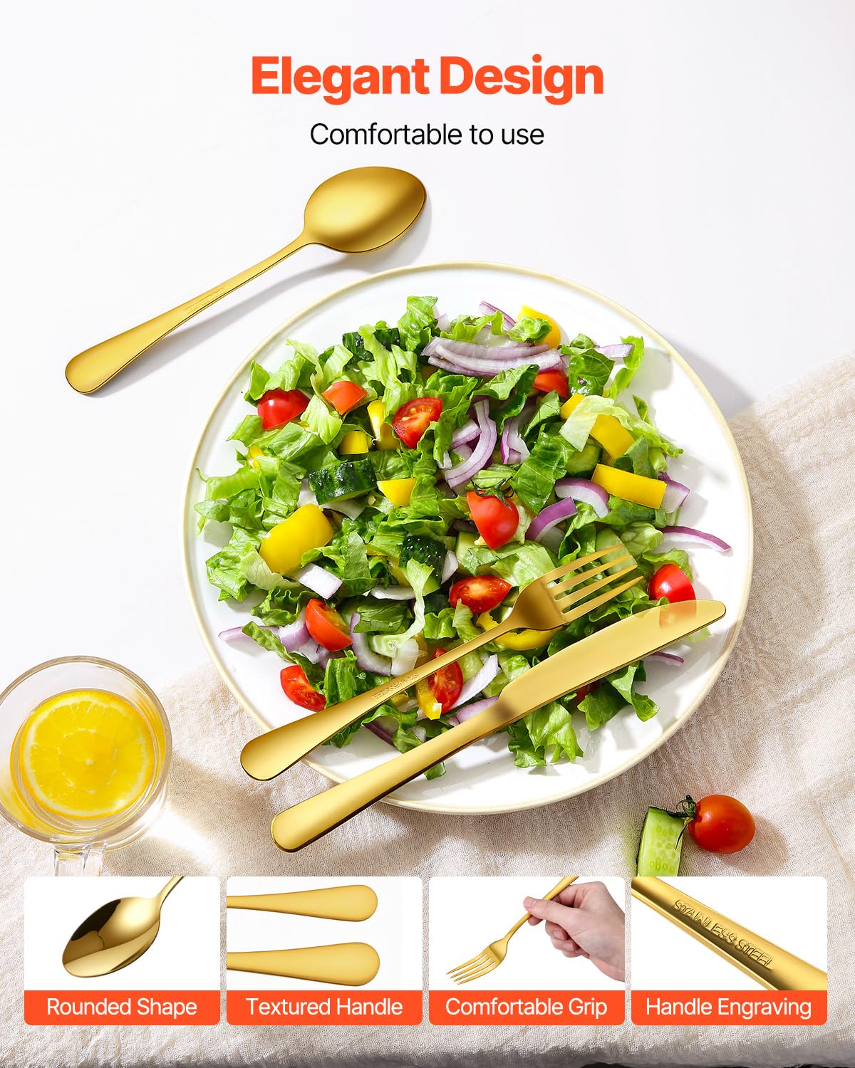 VEVOR Juego de Cubiertos de 60 Piezas, Acero Inoxidable de Grado Alimenticio para 12 Personas, con Acabado de Espejo, para la Cocina del Hogar, Incluye Cuchillo, Tenedor y Cuchara, Color Dorado