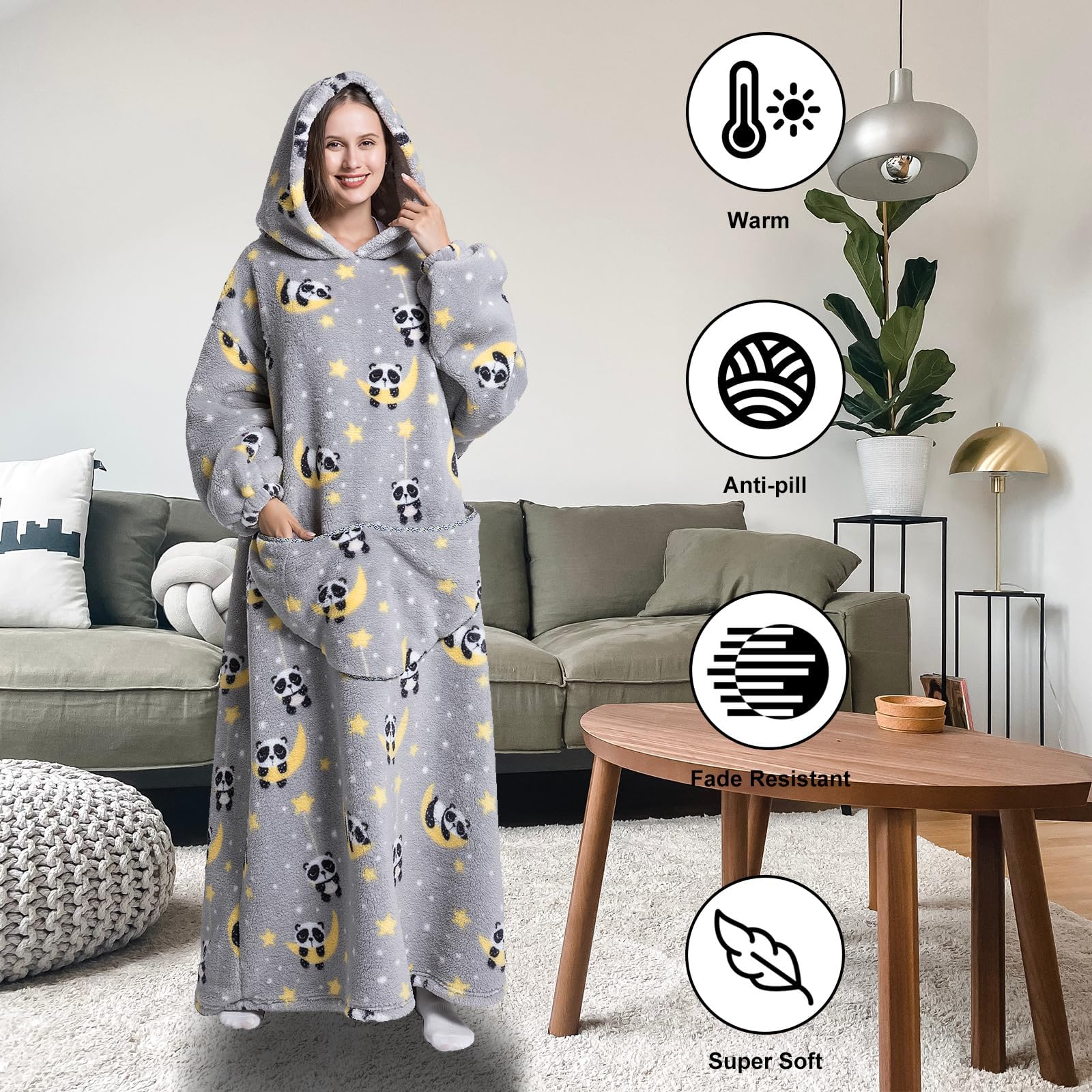 Damskie bluzy z kapturem, długi koc z kapturem, koc z rękawami, bluza z kapturem, oversize, koc z rękawami, sweter bożonarodzeniowy, ciepły koc do zakładania, Panda, rozmiar uniwersalny