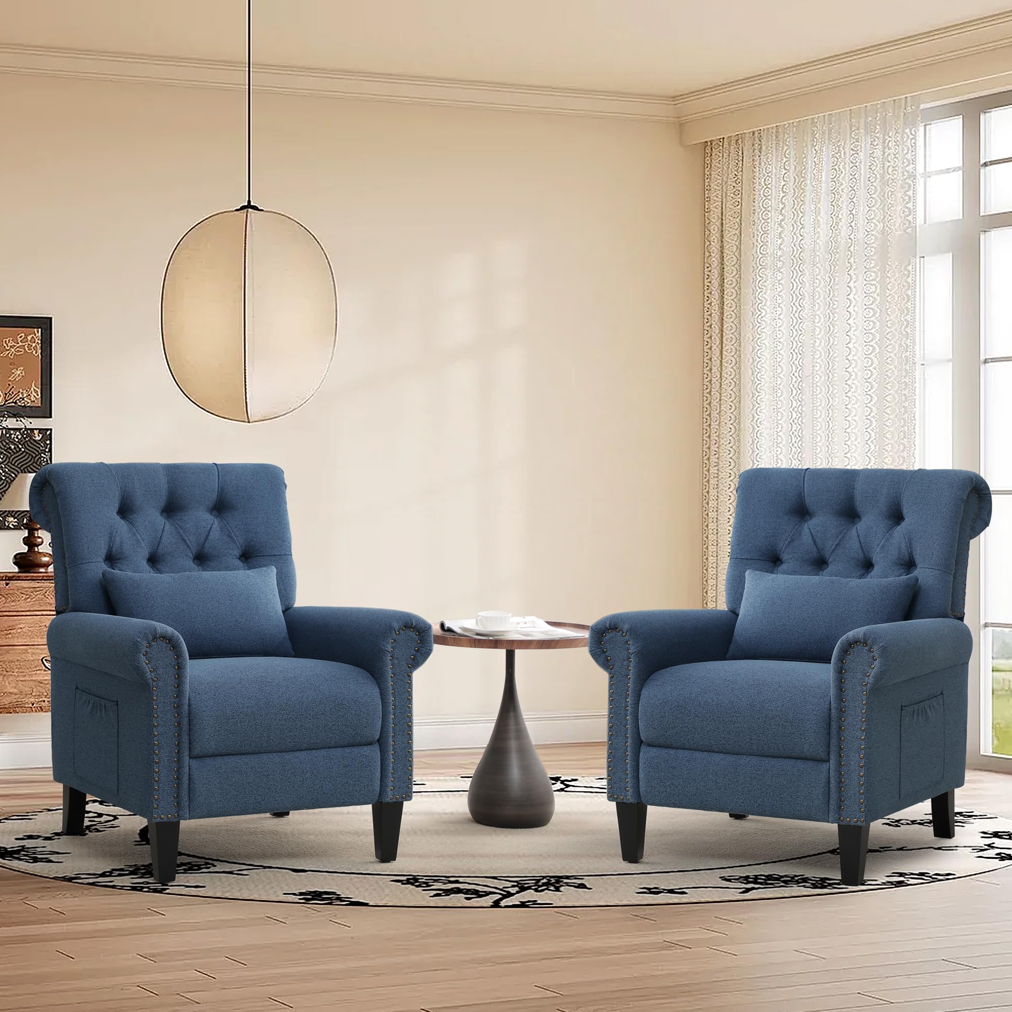 Pushback Recliner Chair, Accent Push Back Chair Set of 2 with Adjustable Footrest, Upholstered Linen Reclining Sofa with Side Pocket, Comfy Modern Armchair for Living Room, Navy Blue
