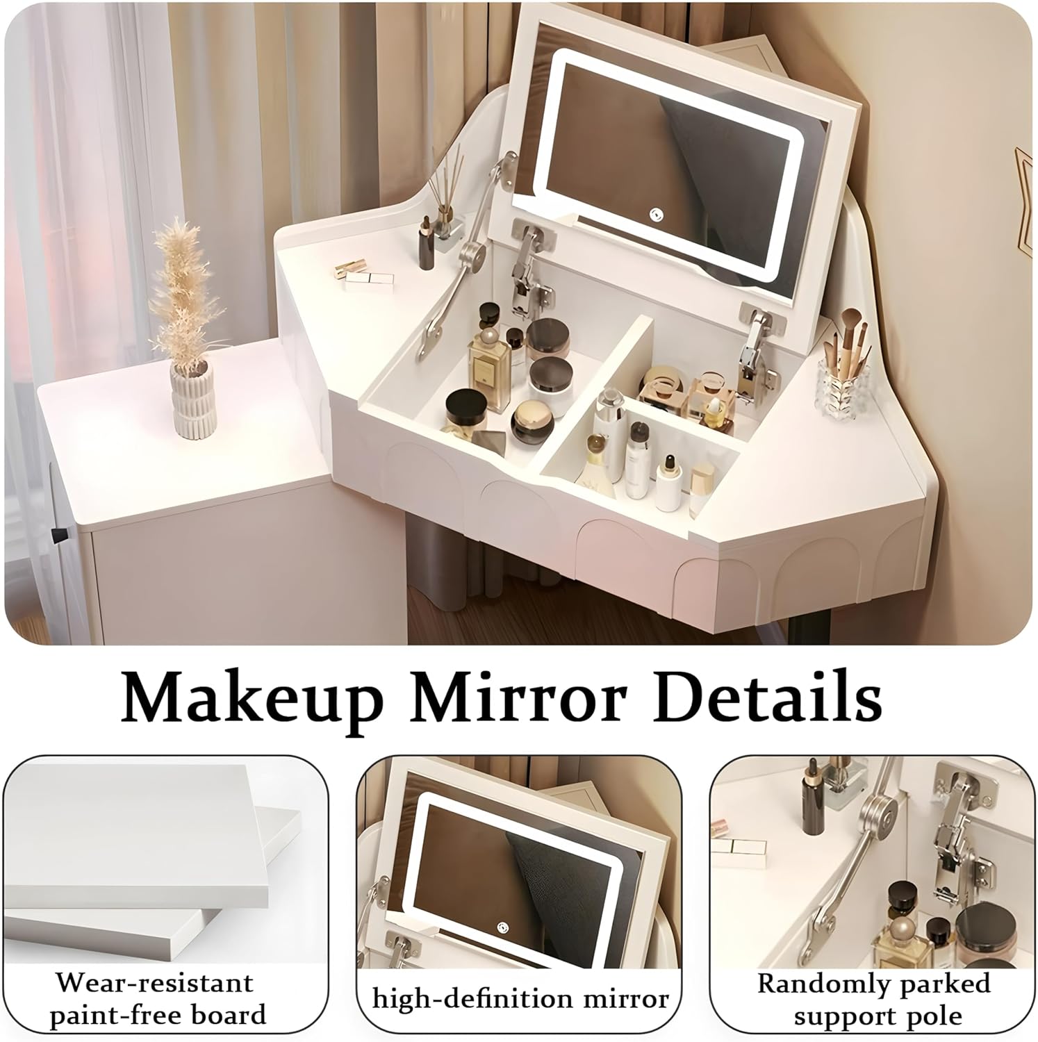 Corner Vanity Desk, Makeup Table with Lighted Mirror, Dressing Table with 2 Drawers, Adjustable Lighting,Hidden Storage Space Under The Corner Makeup Table, Girls Vanities for Bedroom,Gray