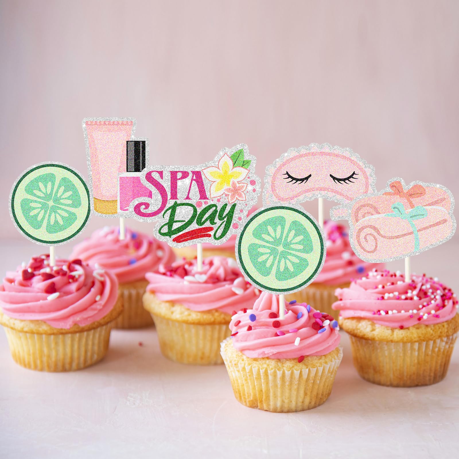 Spa Party! Cupcake Toppers - 18pcs Sweet Pink Princess Makeup Birthday Cupcake Picks - Spa Day Make Up Theme Party Decoration