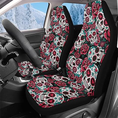 KEIAHUAN Red Rose Sugar Skull Car Seat Cover Plush Warm Auto Front Seat Cushion Cover Soft Bucket High Back Seat Auto Seat Covers Fits Most Sedan/Truck/SUV/Van