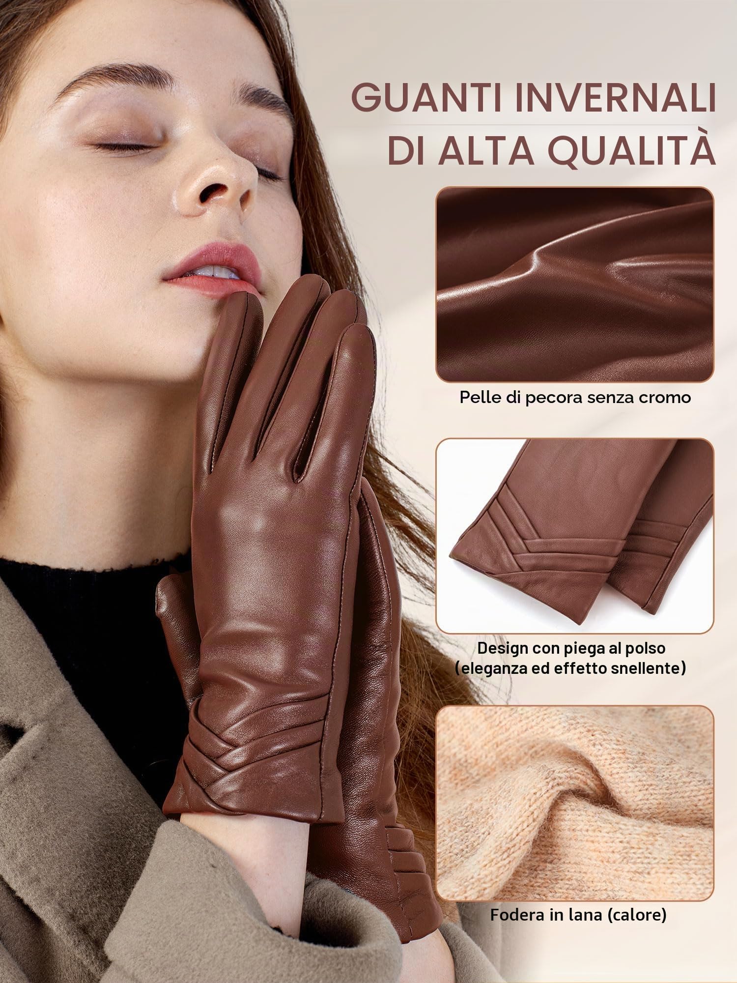 GSG SINCE 1998 Guanti Pelle Donna – Touchscreen, Invernali in Pelle di Pecora Senza Cromo, Foderati in Lana per Guida, Marrone L