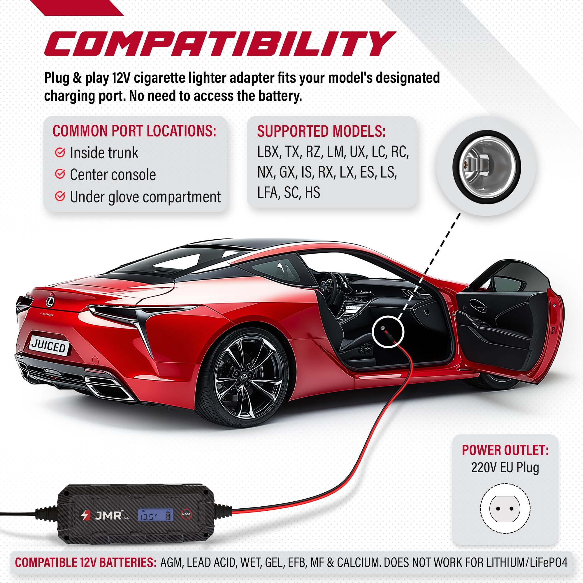 JMR Cargador de Bateria para Lexus LBX TX RZ LM UX LC RC NX GX IS RX LX ES LS LFA SC HS Todos los Modelos Mantenedor de Carga Acondicionador (Sin Modo Litio) | Cargador de goteo acondicionador mantenedor para LBX TX RZ LM UX LC RC NX GX IS RX LX ES LS LFA