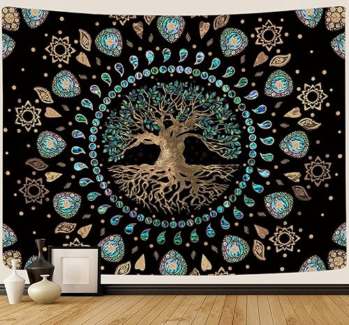 Tapiz de árbol de la vida para dormitorio, tapiz de mandala hippie estético, naturaleza espiritual, tapices de árbol de abulón y dorado, tapiz de