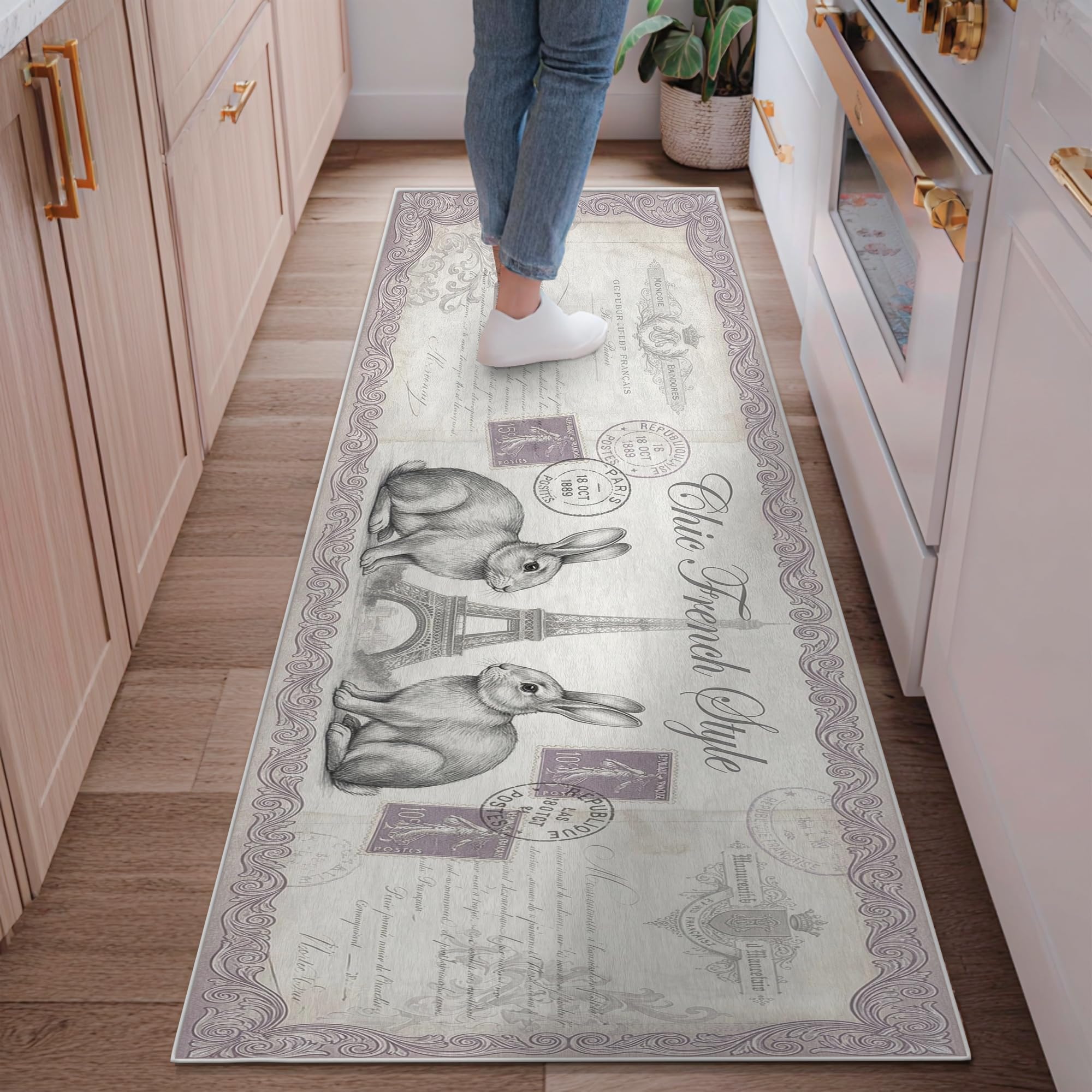 Tapis de couloir vintage gris antidérapant résistant aux passages fréquents