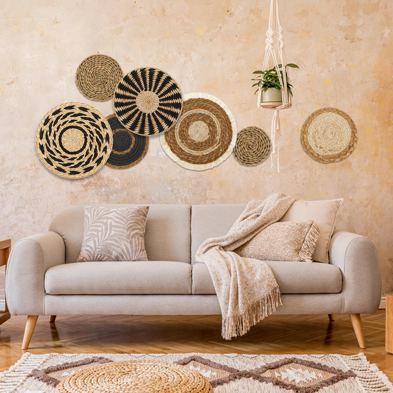 BUTORY 7 Pcs Boho Wall Basket Decor Hanging Handcrafted Seagrass Woven Basket Wall Decor Round Bohemian Basket Wall Art Set for Farmhouse Home Room Rustic Decorations Table, Multi Sizes