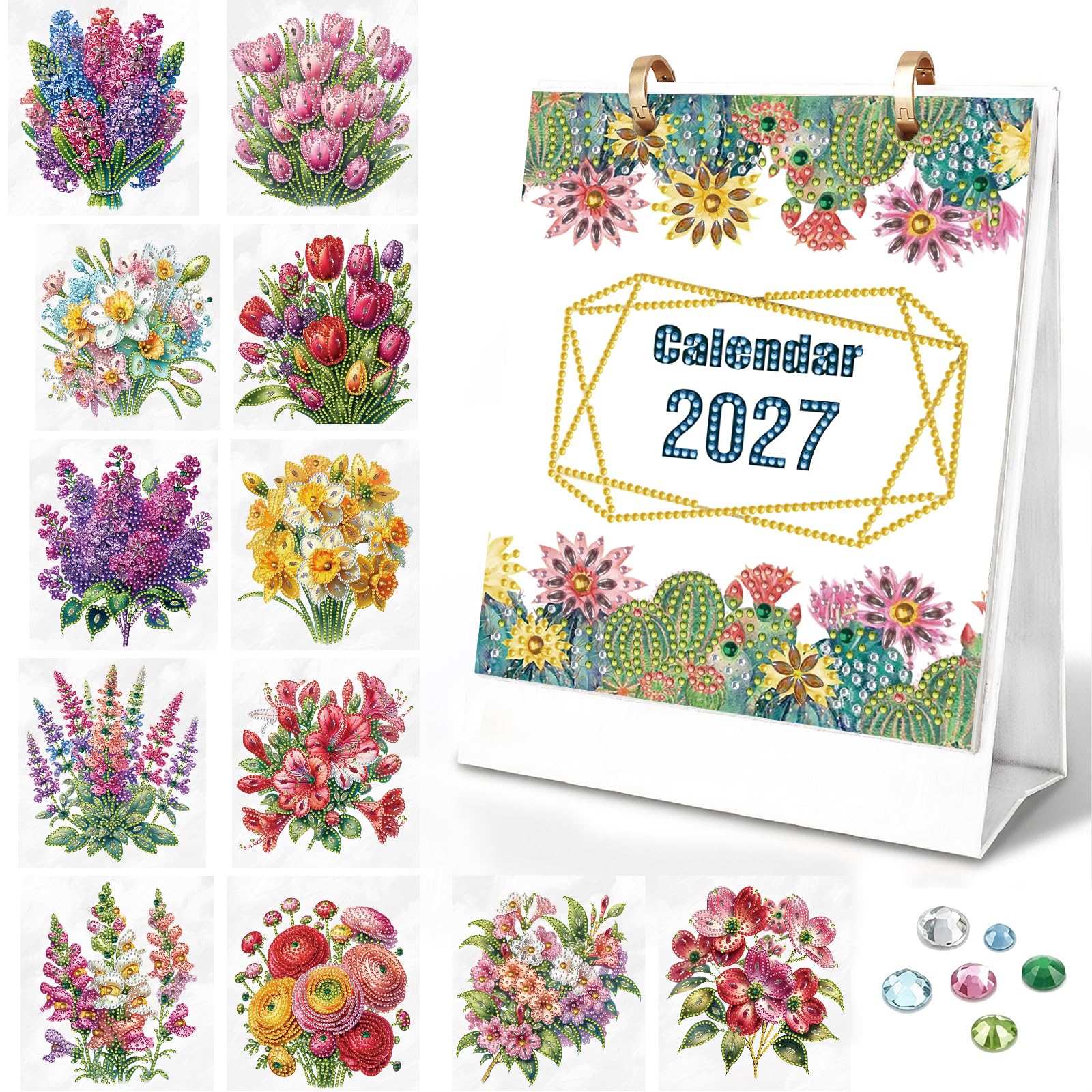 Lebartm 2027 DIY Diamond Art Desk Calendar Creative Design Thick Paper Dates Flowers Double Sided Pattern Diamond Art Painting Monthly Flip for Tabletop Home Office Planning-Flowers
