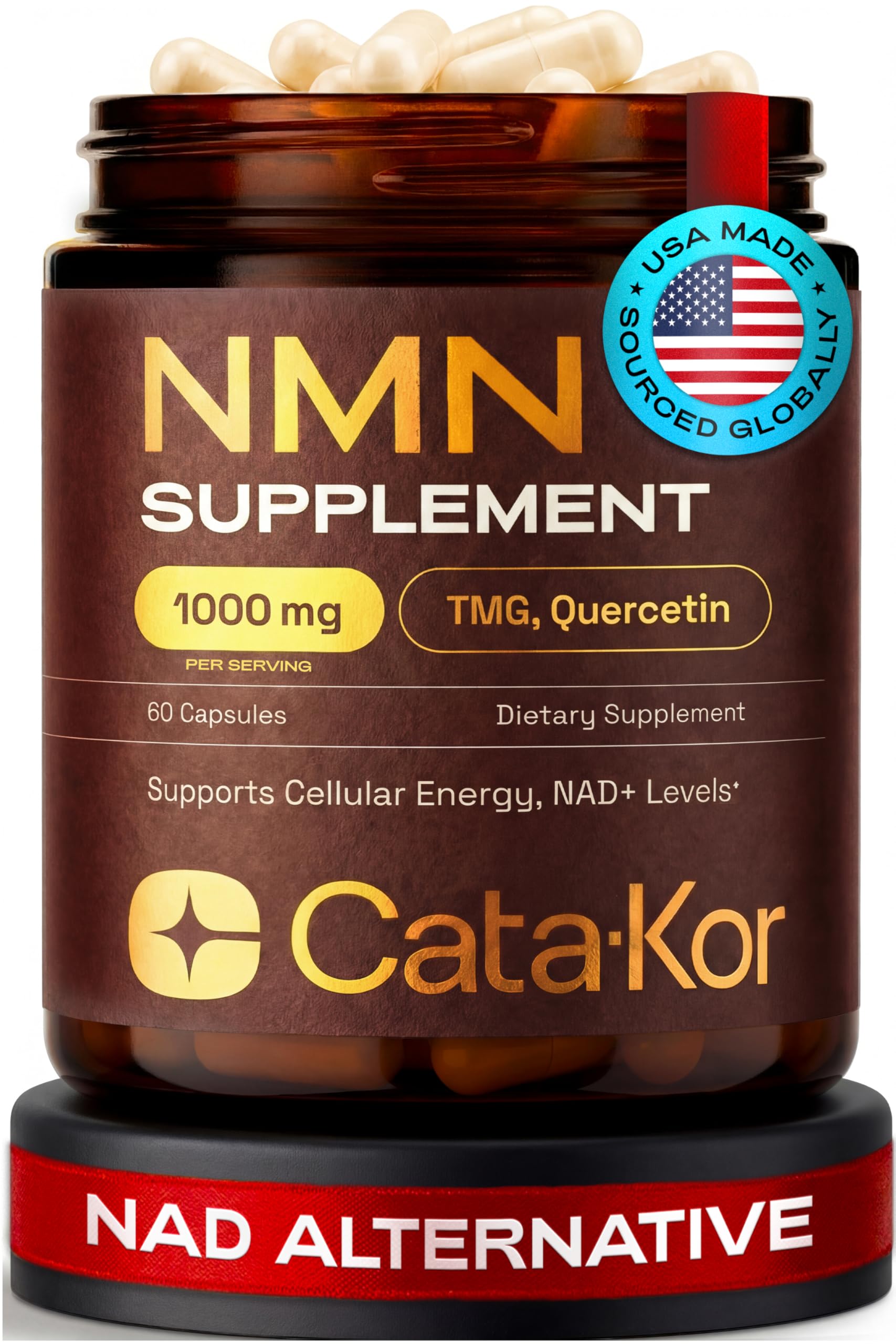 NMN Supplement 1000mg – 4-in-1 NAD Supplement with Quercetin | TMG | Resveratrol – NMNH Alternative – Supports Cellular Energy & NAD+ Levels – 60 Capsules – Third-Party Tested (1 Pack)