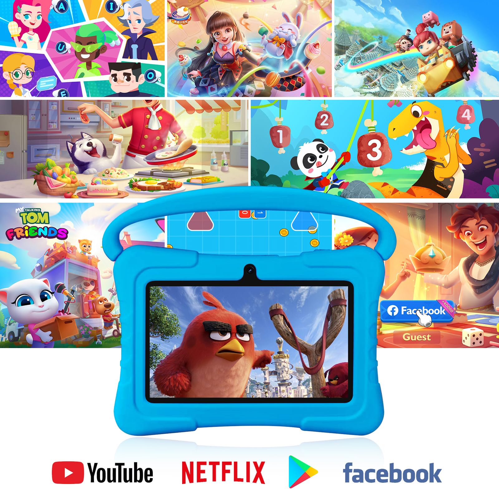Tablet per bambini da 7 pollici, 32 GB, Android 13 con WiFi, doppia fotocamera, istruzione, giochi, software per bambini preinstallato, tablet PC con filtri per età, controllo genitori (blu)