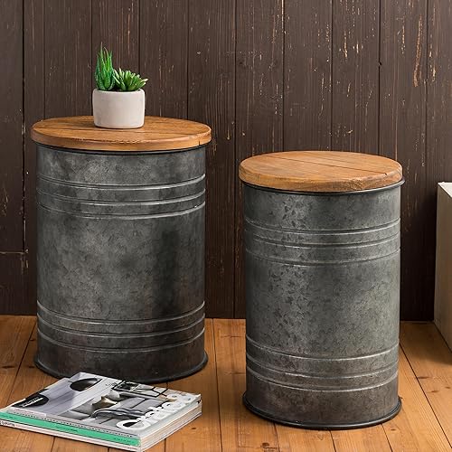 Miniatura 7 de glitzhome Juego de 2 mesas auxiliares decorativas de metal galvanizado de granja, taburete de almacenamiento con tapa de madera para sala de estar,