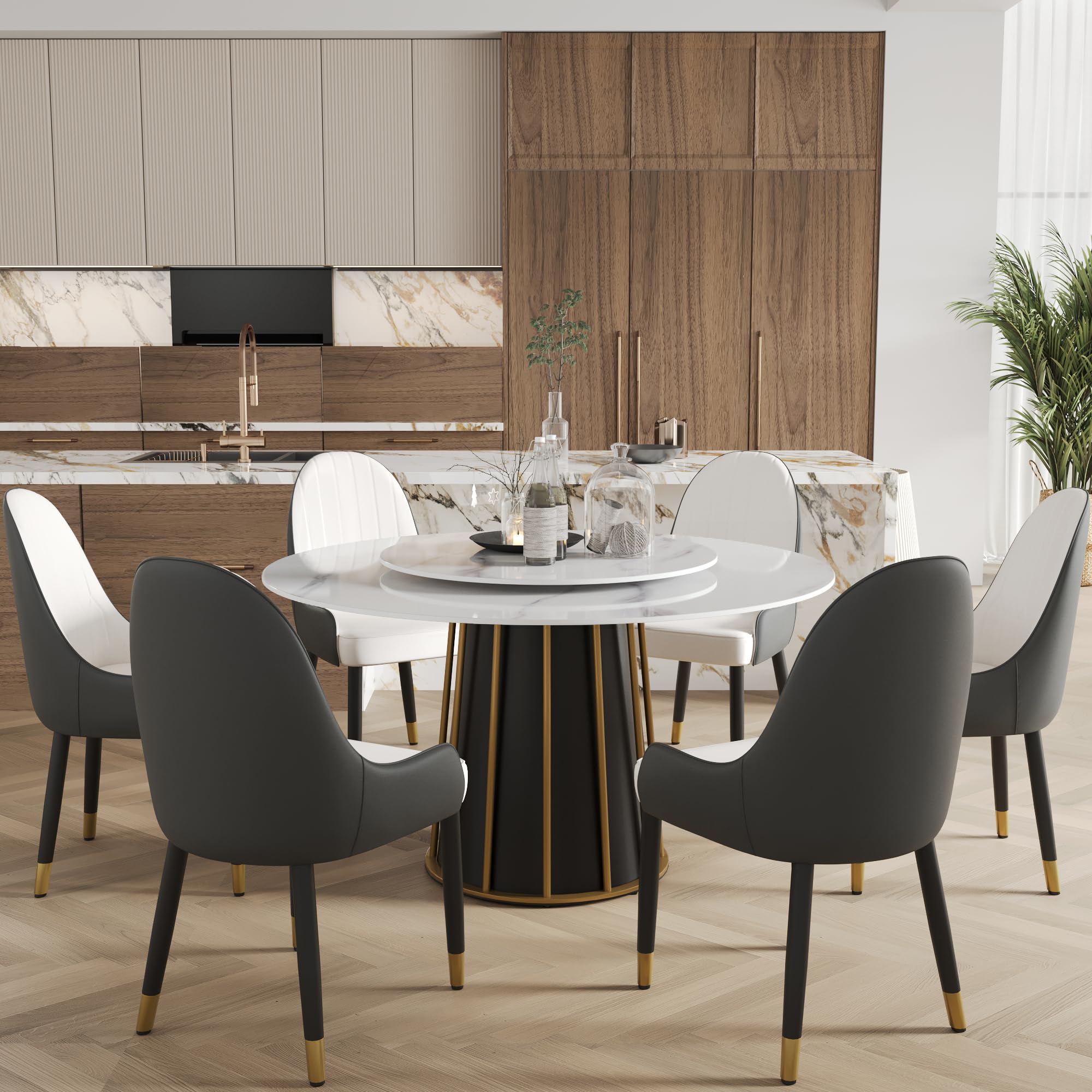 Amazon.com - 59'' Round Marble Dining Table with Lazy Susan, White Sintered Stone Circle Kitchen ...