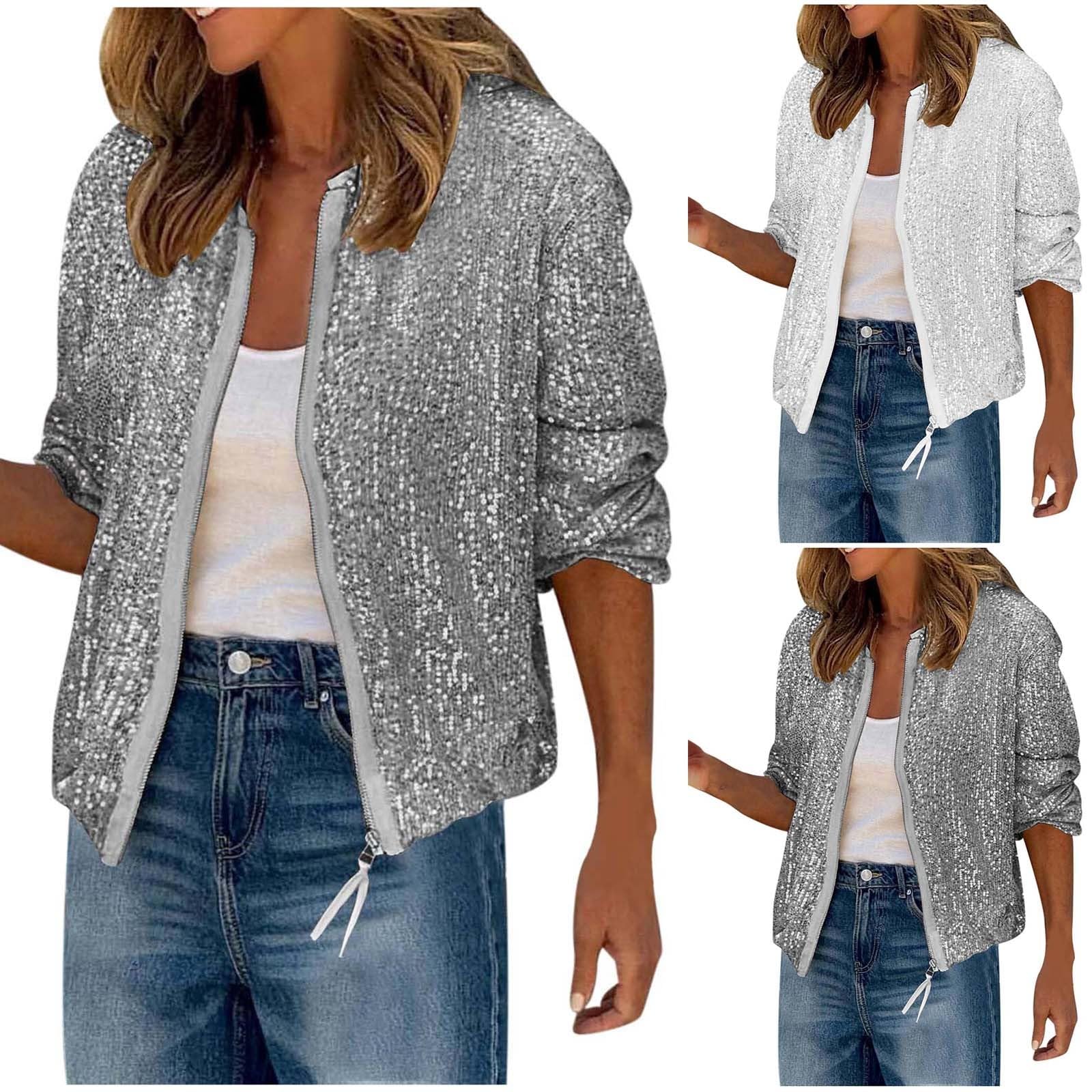 Chaqueta brillante para mujer, chaqueta bomber de lentejuelas, chaqueta ligera de invierno con cremallera, chaqueta de lentejuelas holgada, chaqueta de piloto, chaqueta holgada, sin capucha