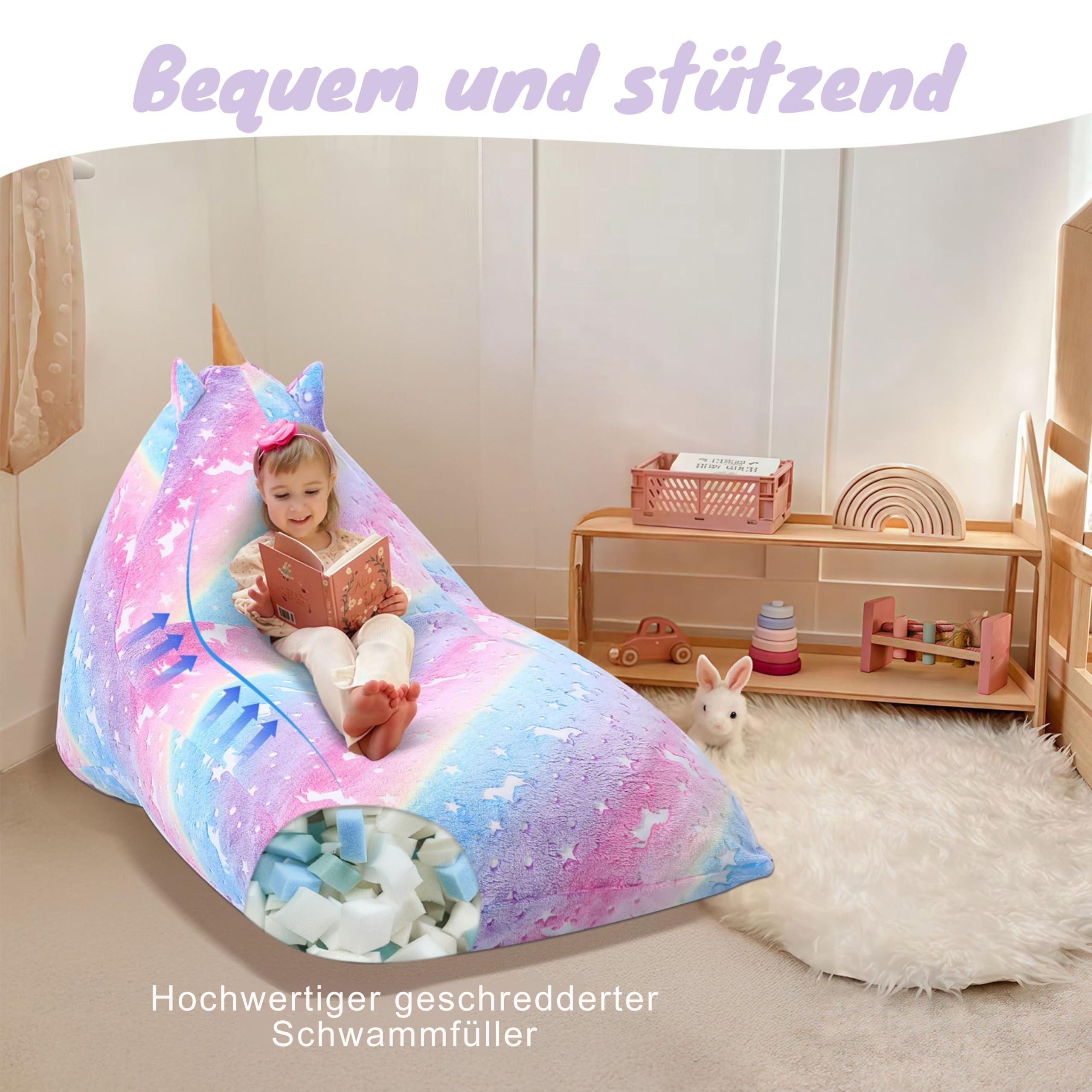 MeMoreCool Sitzsäcke für Kinder von 8–12 Jahren, großer Sitzsack mit Füllung, großes Kleinkinder-Sitzsackbett mit Einhorn, Faule Bodenliege für Kinder für Mädchen und Jungen, Leuchtend Regenbogen
