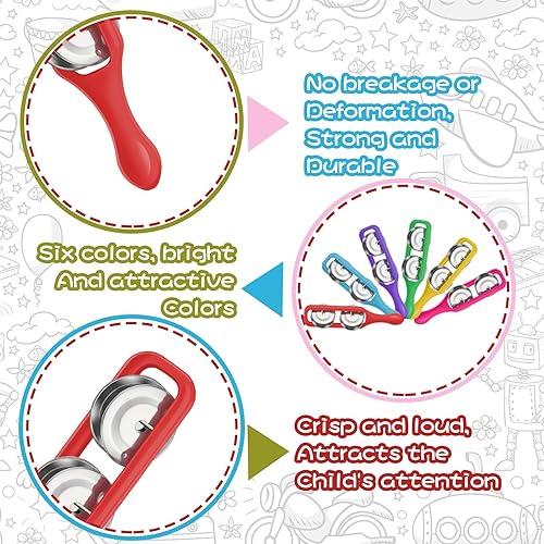 Miniatura 4 de Wettarn Pandereta para niños, 24 campanas de plástico de mano, 24 platillos de colores, juguetes de ritmo de percusión, instrumentos musicales para