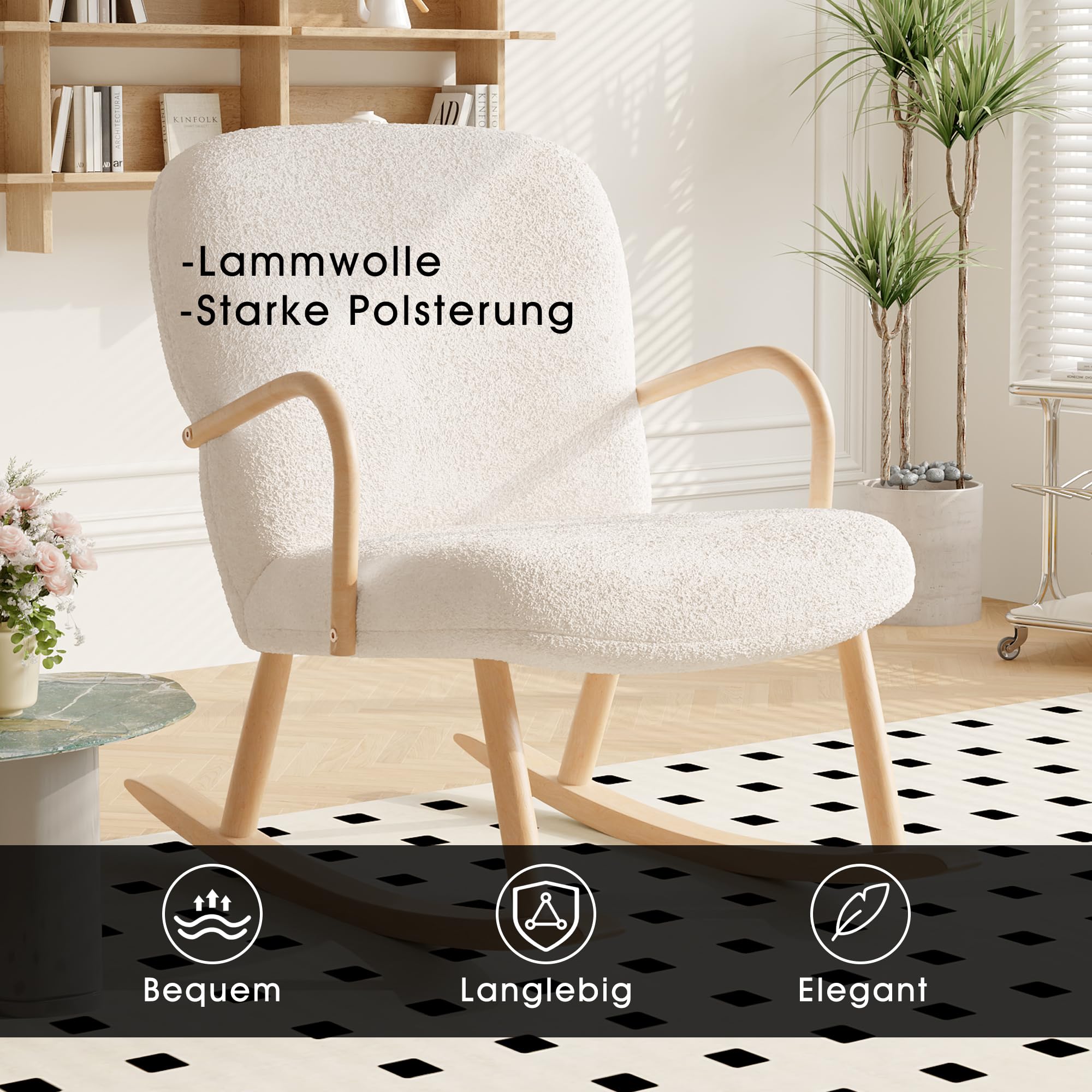 FEEOHOME Fauteuil Chambre Bébé, Chaise à Bascule avec Accoudoirs et Pieds en Bois, Velours Teddy Beige