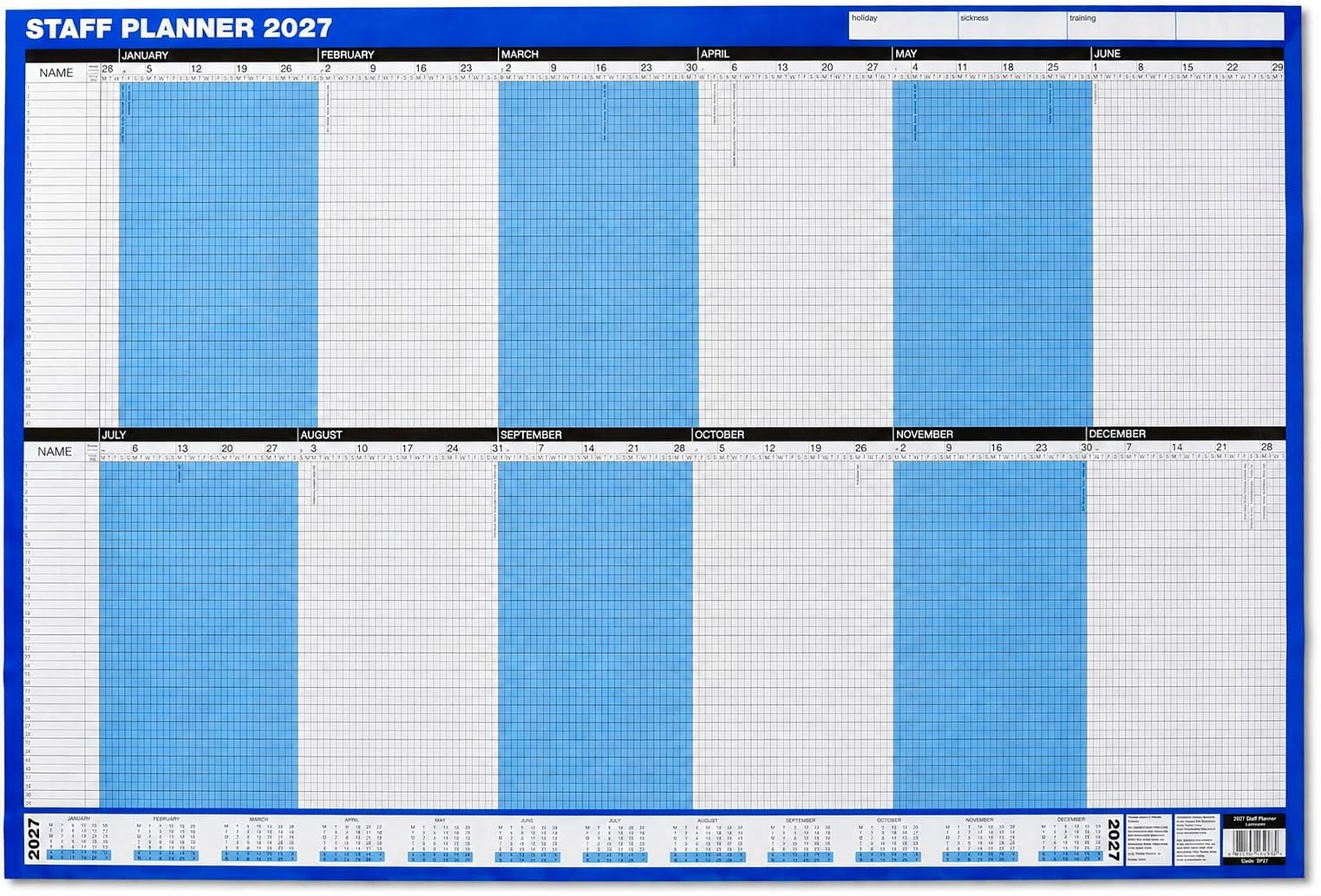 2027 Staff Year Planner Wall Calendar | Up to 40 Staff Members | Double Sided 2027 Year Planner | Includes Dry Wipe Marker & Stickers | 91cm x 61cm