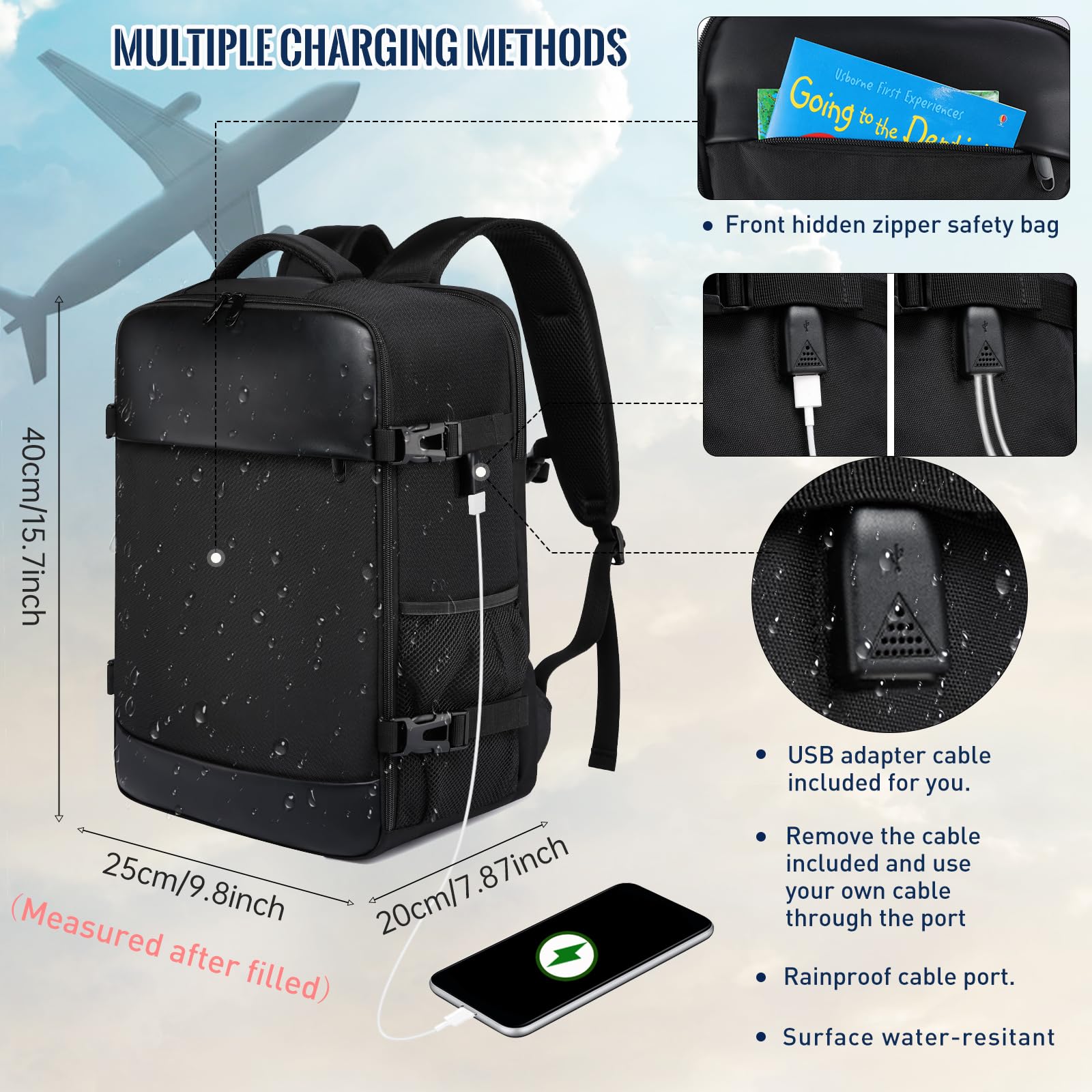 YCFAN per Zaino Ryanair 40x20x25, Zaino da Viaggio, Piccolo Zaino da Viaggio per Viaggiare Fit 15.6 Laptop, Borsa Bagaglio a Mano Zaino Viaggio con Porta Cavo