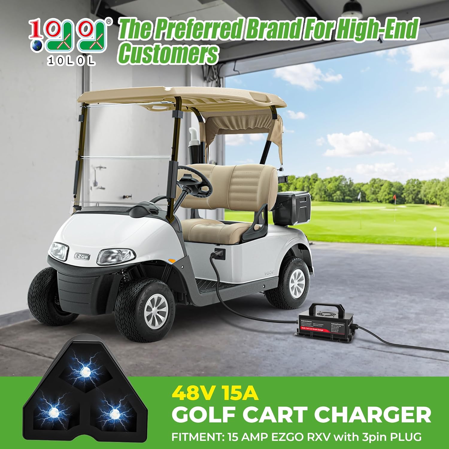 48V 15A Battery Charger for EZGO RXV Golf Cart - IP68 Waterproof, Auto Shut-Off, Smart Cooling, Aluminum Housing, Charging Indicator (Black)