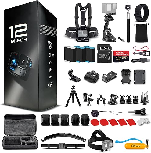 Go Pro HERO12 (Hero 12) Negro - con kit de accesorios de 50 piezas y 2 baterías adicionales + tarjeta de 64 GB - Cámara de acción impermeable - 5.3K