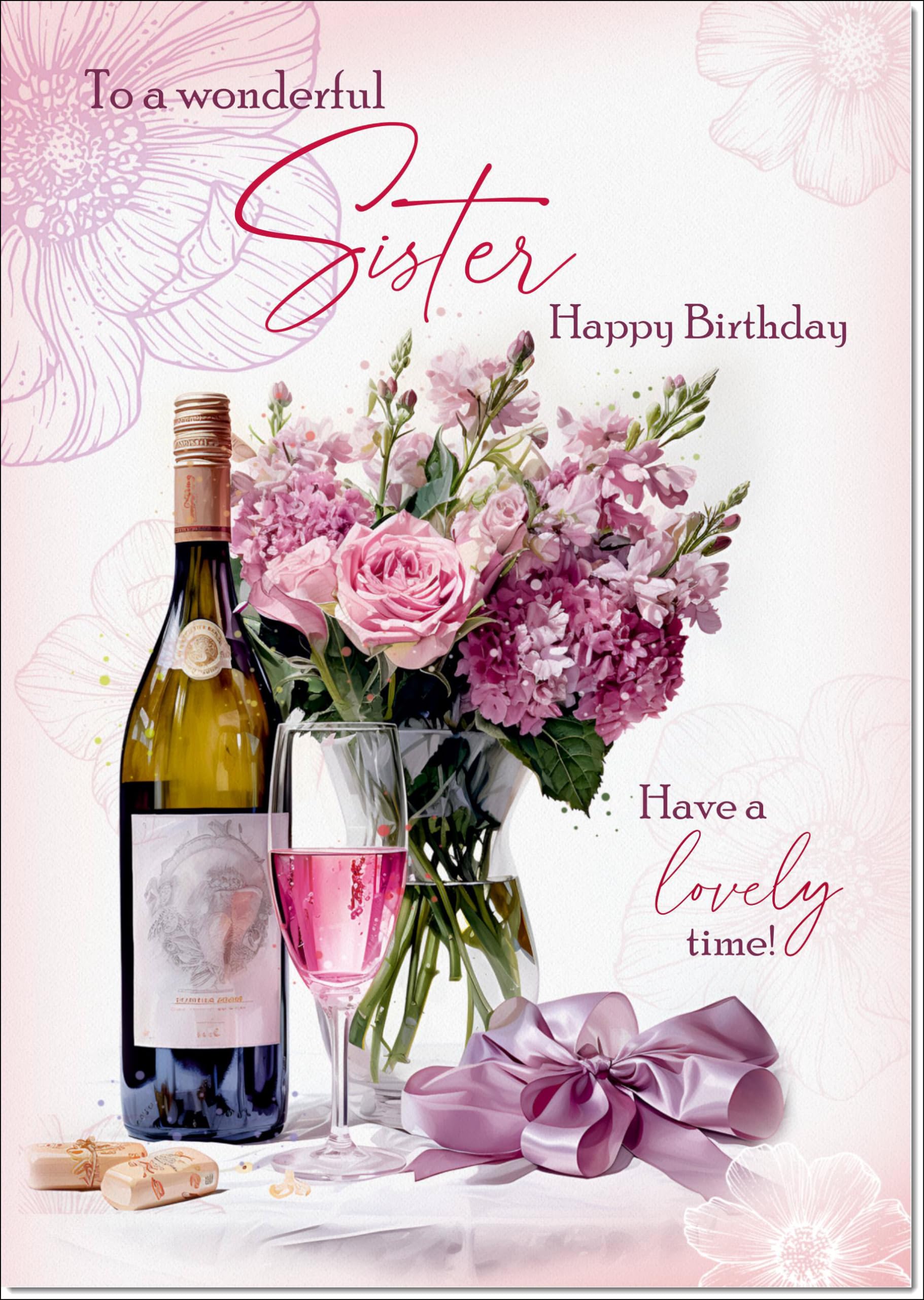 doodlecards Sister Birthday Card Roses and Red Wine Large A4 Size with Plain Envelope