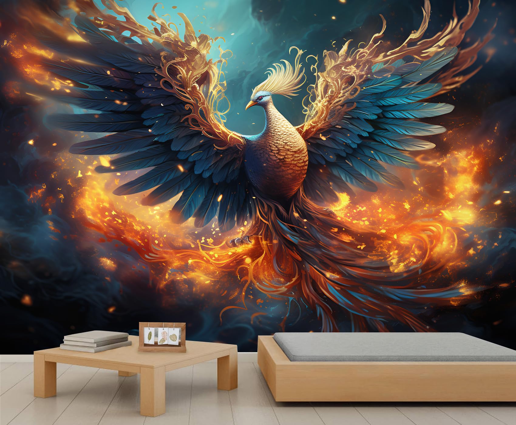 Papier peint phénix bleu oiseaux de feu décoration murale salon 200x140