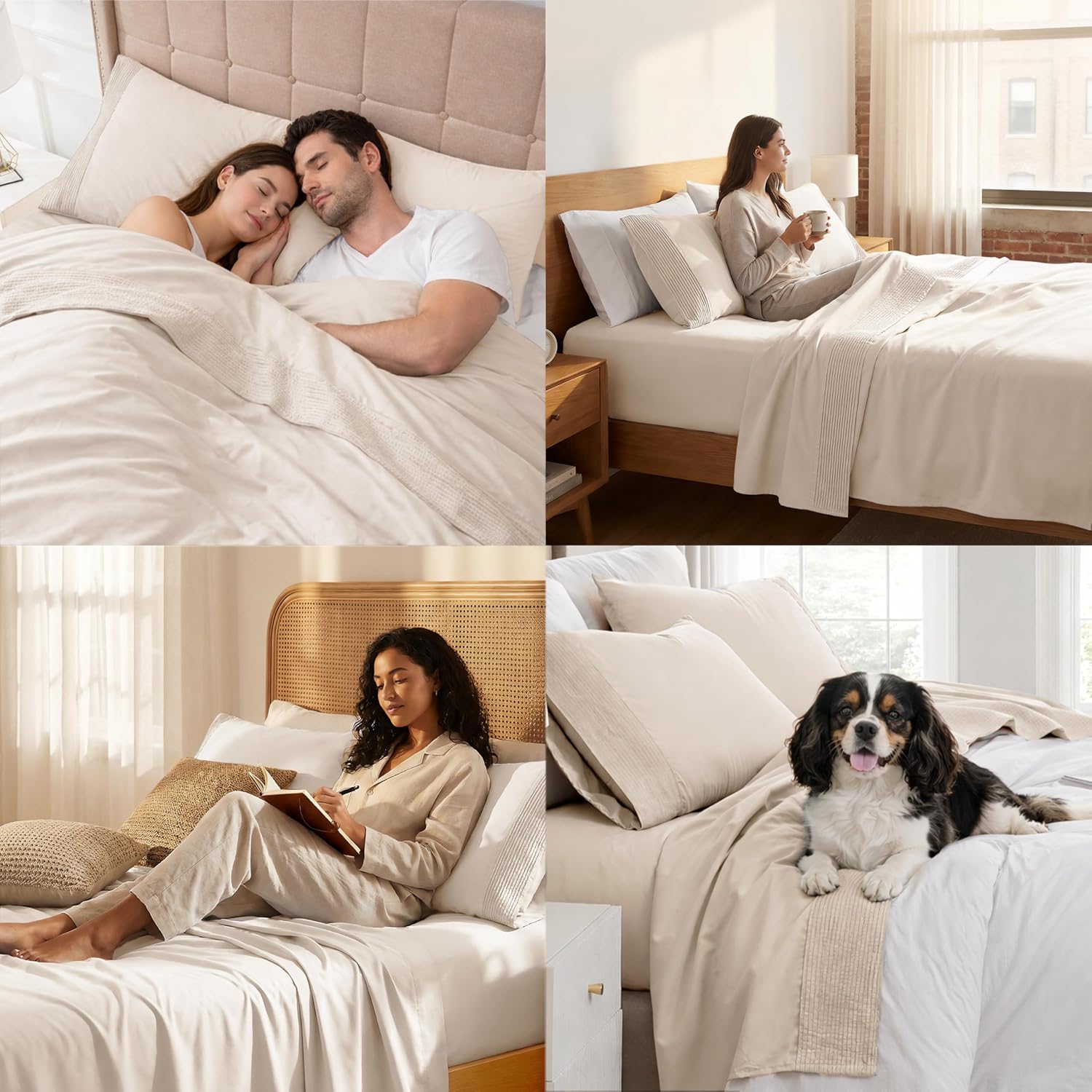 Southshore Fine Living, Inc. 4-Piece Queen Sheet Set, Deep Pocket Bed Sheets Queen Size with 21-Inch Deep Queen Fitted Sheet, Pleated Flat Sheet, 2 Pleated Queen Pillow Cases, Bone Sheets Queen Size