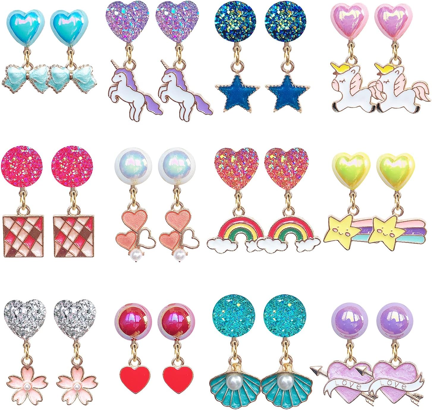 ELEMIRSA 12 Pairs Clip On Earrings Girl Party Favor Princess Clip on Earrings Pretend Play Unicorn Earrings for Little Girl Kids Toddlers Jewelry Set