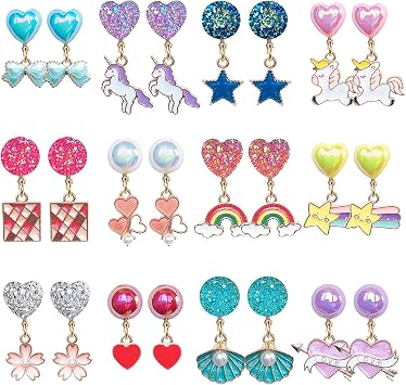 ELEMIRSA 12 Pairs Clip On Earrings Girl Party Favor Princess Clip on Earrings Pretend Play Unicorn Earrings for Little Girl Kids Toddlers Jewelry Set