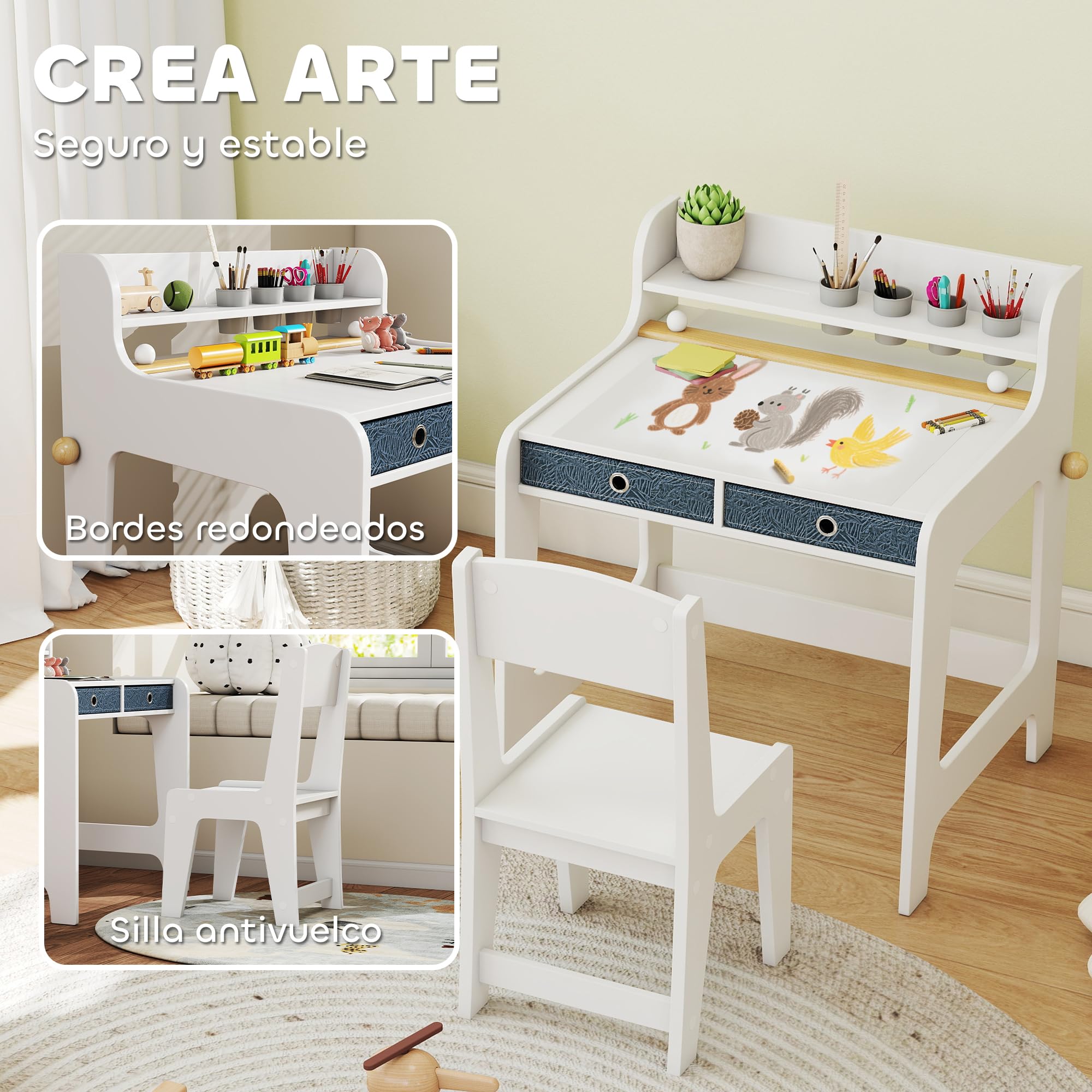 AIYAPLAY Escritorio Infantil con Silla, 2 Cajones Extraíbles, Blanco | Pupitre Infantil, Estante y Portavasos, para Estudiar Leer y Dibujar, Mesa para Niños, Dormitorio, Sala Estudio