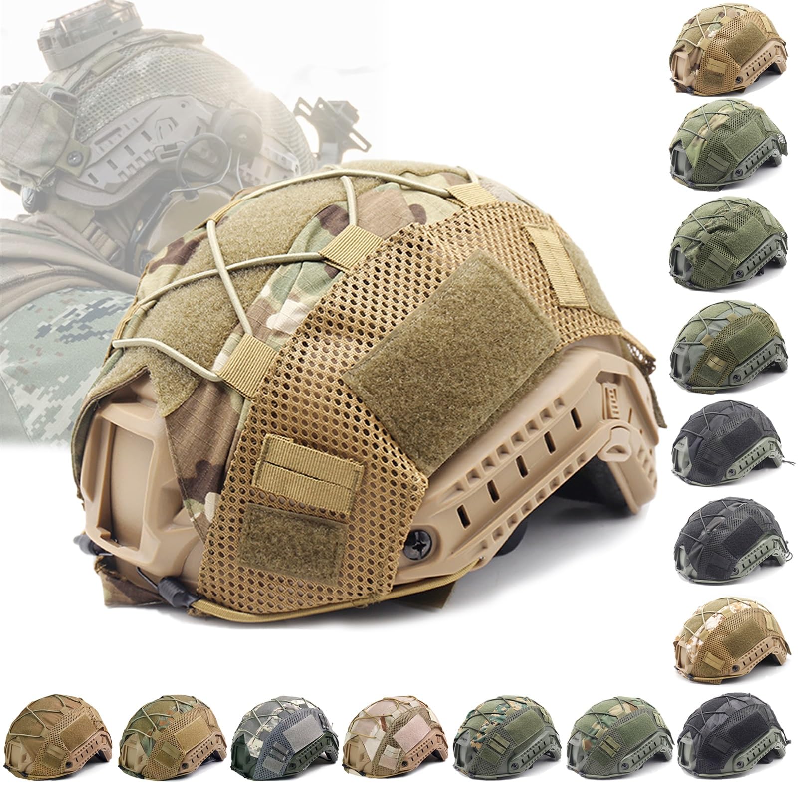 Tactical Helmet Cover Camo FAST Airsoft Paintball High-cut Helmet Cloth Hunting Shooting Helmet Accessories with Elastic Cord(MC CP)