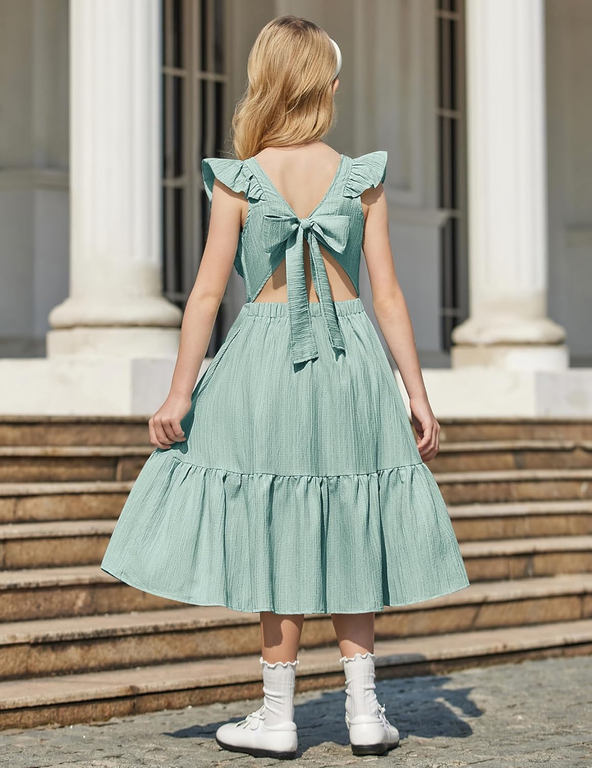 Arshiner Girls Summer Tie Back Dress Tween Boho Casual Square Neck Flutter Sleeve Maxi Dresses with Pockets - Image 3