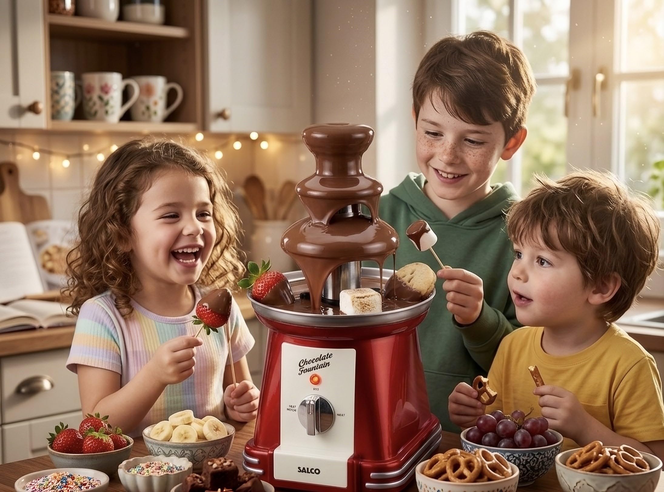 Salco Schokobrunnen | 3-stufiger Chocolate Fountain | Retro-Style | Edelstahl | Mit Wendelschnecke | 90 Watt | Perfekt für Früchte, Kekse & mehr | Leichte Reinigung | Metallic-Rot