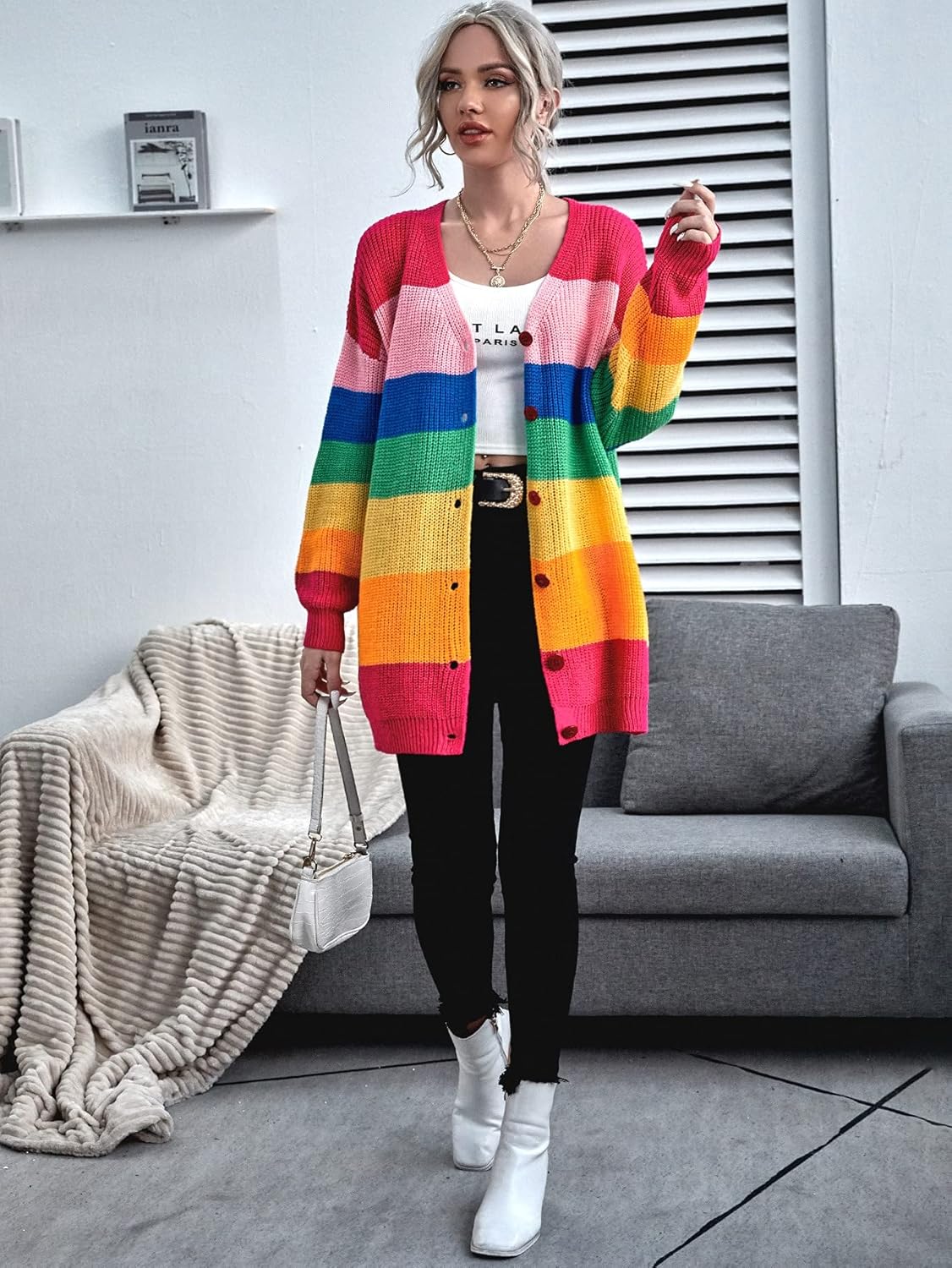 Floerns Women's Rainbow Striped Print Button Front Long Sleeve Cardigan Sweater - Image 5