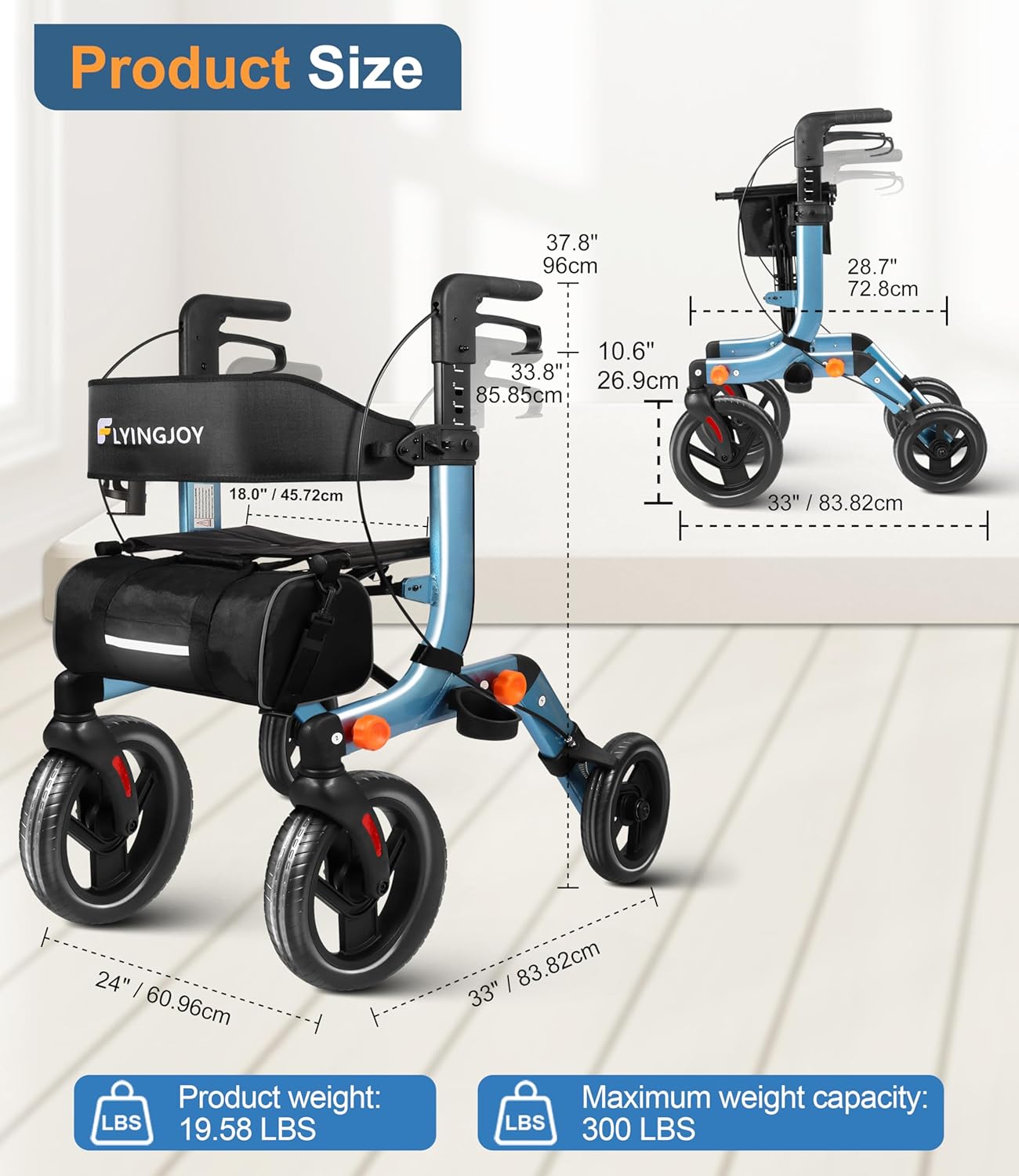 Rollator Walker with Seat & Basket, 10” Puncture-Proof Tires, 300 lbs Capacity, Lightweight Aluminum Frame (19.6 lbs) | 3-Mode Brakes, Adjustable Height for Seniors 74a - Blue (10" Front and 8" Rear Wheel)