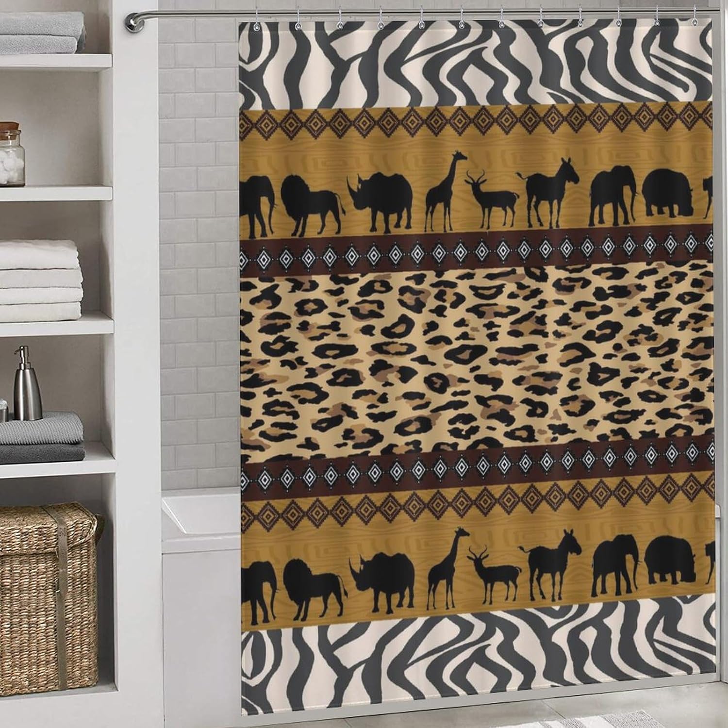 Leopard Cheetah Shower Curtain,ribal Aztec Africa Safari Animal Zebra Skin Pattern Print Bathroom Curtains Cloth Fabric Home Decor with Hooks Set, 66x72Inch（168x183cm）