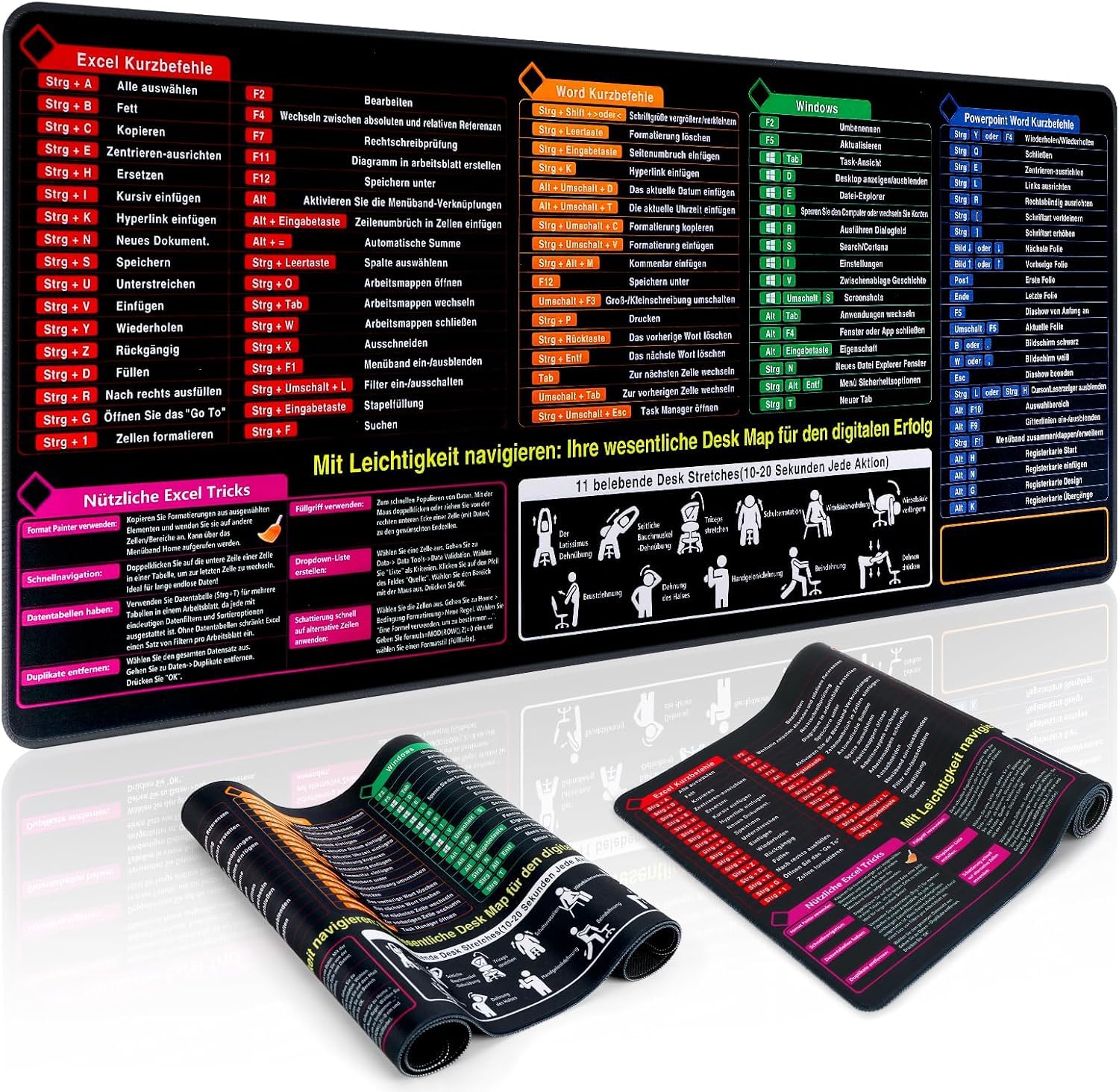 Staranry Excel Shortcuts Mauspad Deutsch, Mauspad XXL 900×400×3mm | Großes Gaming Mousepad, Rutschfeste Schreibtischunterlage mit Tastenkombinationen für Excel Word PPT, Büro & Zuhause