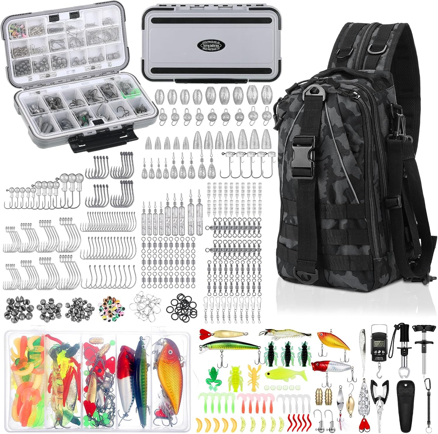 484 Pcs Christmas Fishing Gifts for Men Fishing Tools Accessories Kit Include Fish Backpack Fish Hook Lures Hook Remover Lip Gripper