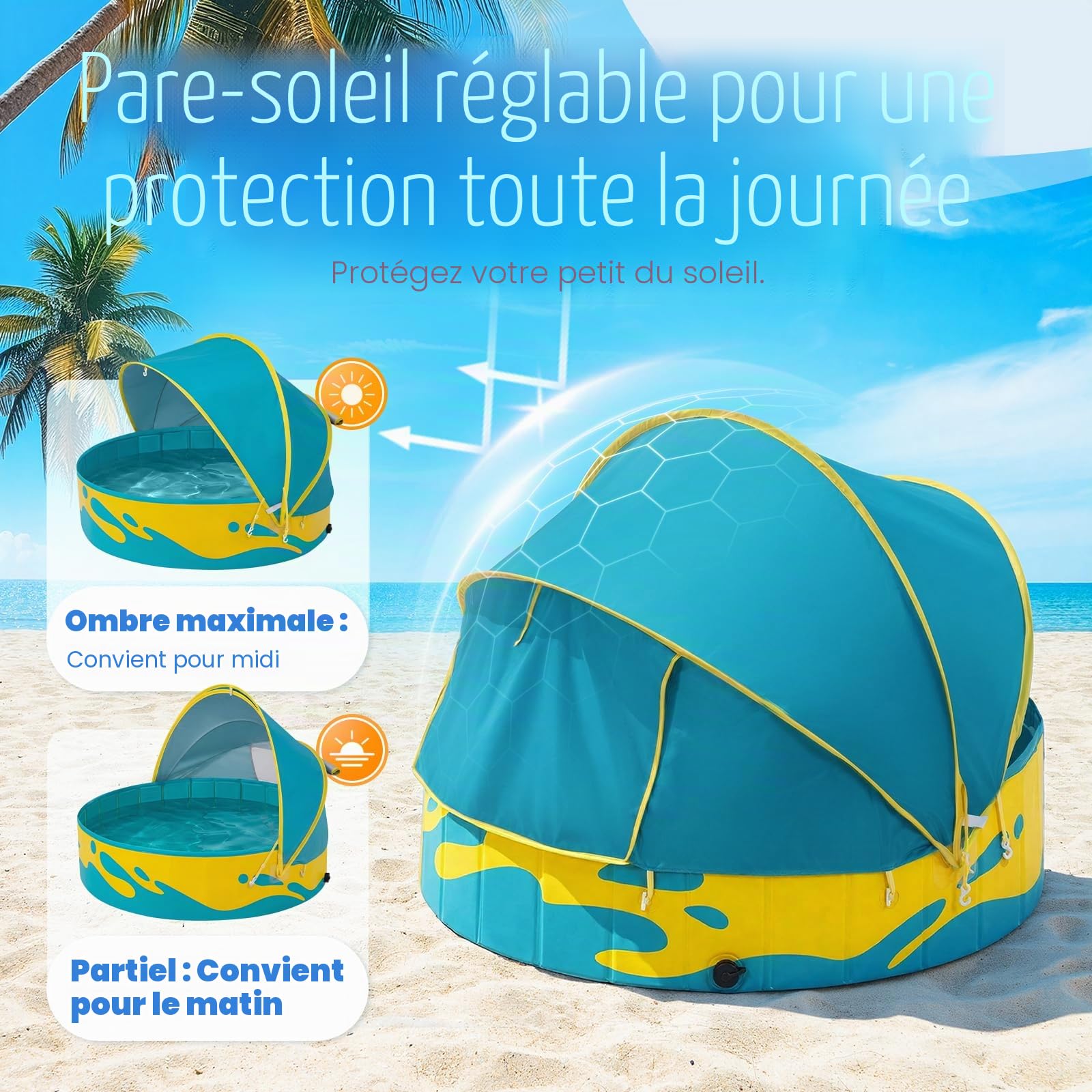 Peradix Pataugeoire avec Réglable Auvent pour Tout-Petits – 120 cm Pliable Piscine Bassin pour Bébé et Enfants pour Jardin & Voyage | Tente pour Bébé & Tente de Plage, pour 2-3 Enfants