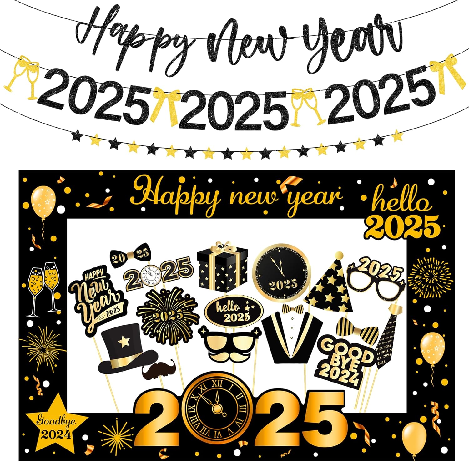 KatchOn, Glitter Happy New Year Banner - 10 Feet, 2 Strings | New Years Eve Photo Booth Props 2025 - Pack of 36 | Black and Gold Happy New Years Banner 2025 | New Years Eve Party Supplies 2025
