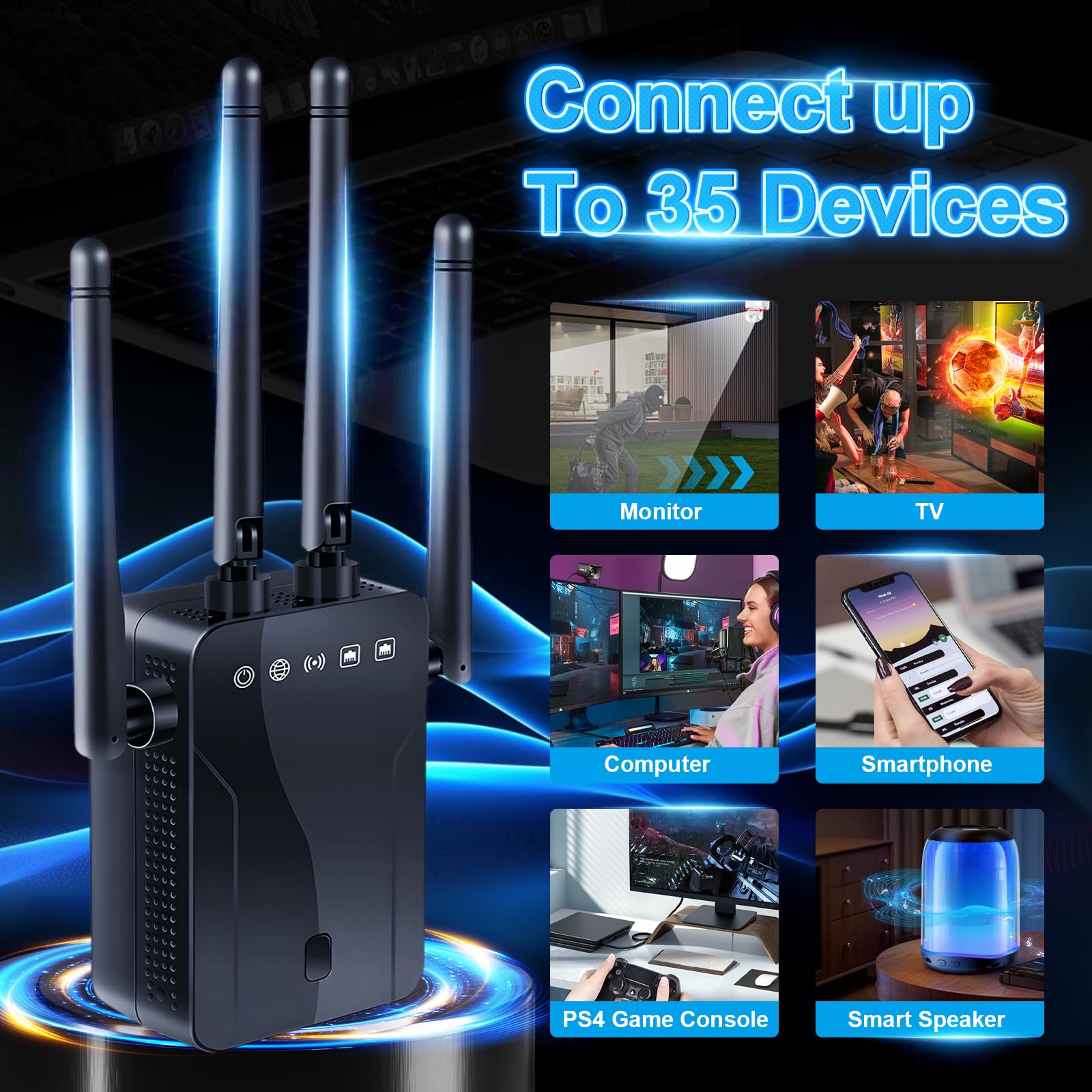 Amplificateur de signal WiFi pour la maison – Extension de portée WiFi 300 Mbit/s avec 4 antennes, couvre jusqu'à 600 m² et 35 appareils, amplificateur WiFi avec mode AP/répéteur, amplificateur