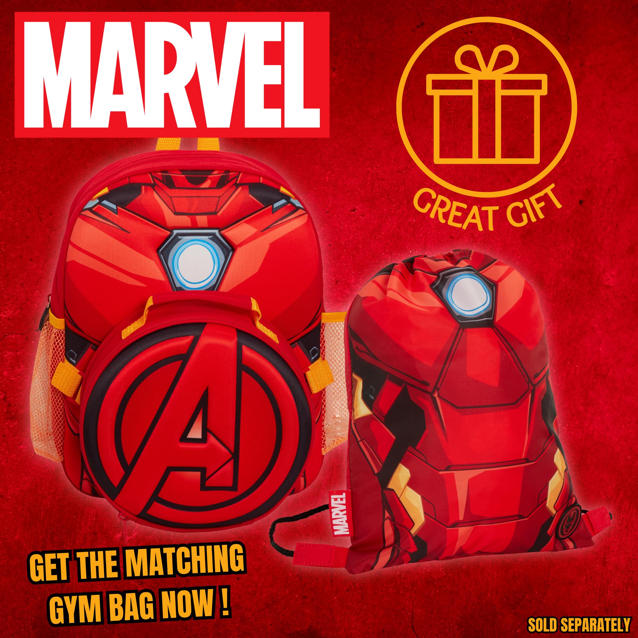 Marvel Sac à dos Iron Man pour enfant avec sac à déjeuner amovible et porte-bouteille d'eau assorti 2 pièces