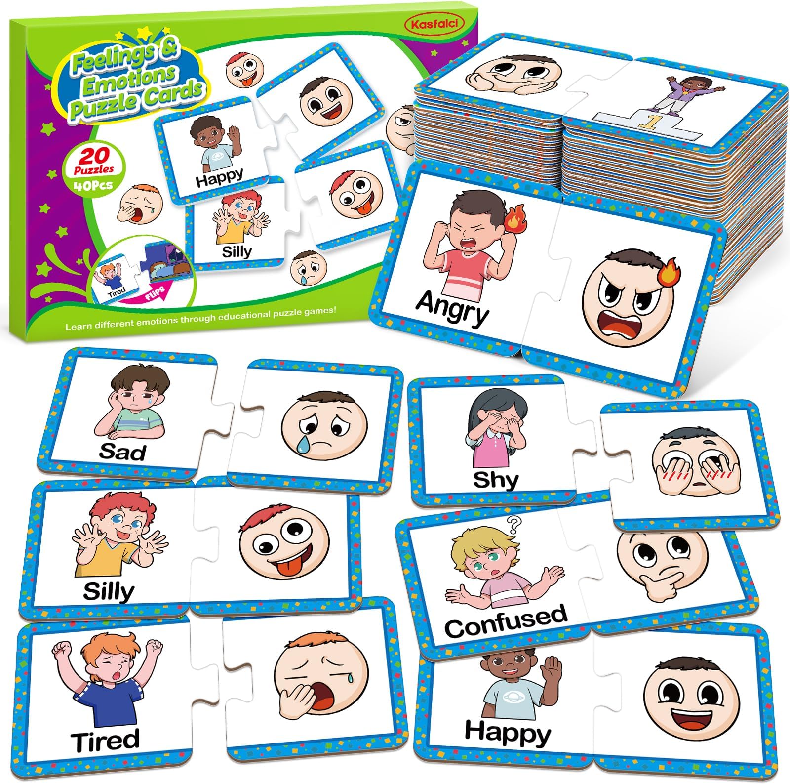Kasfalci Feelings & Emotions Puzzle Cards,Feelings Chart Toys for Kids,Social Emotional Learning Activities,Speech Therapy Games,ADHD,Autism Learning Materials,Calm Down Corner Supplies for Classroom