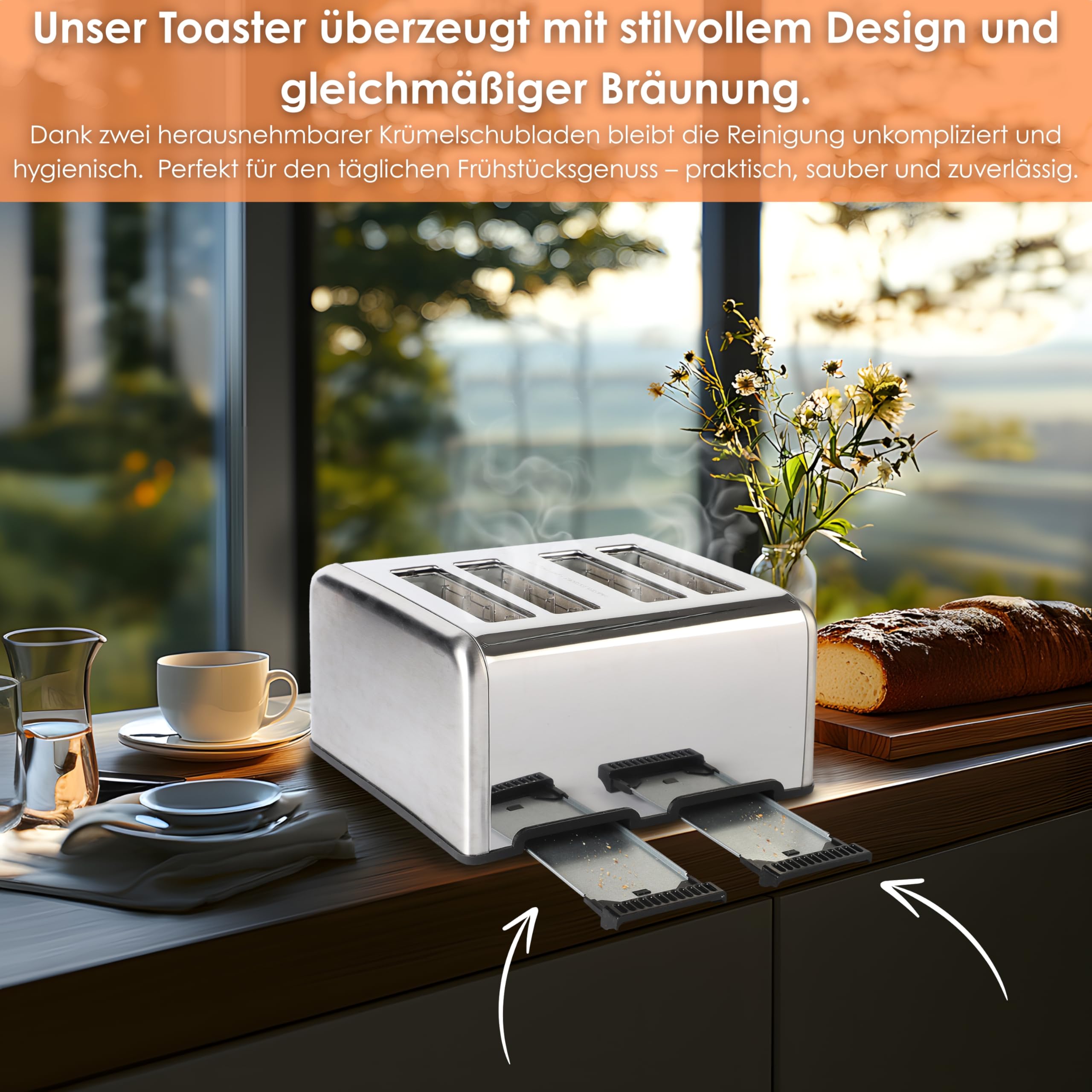 Steinborg Toaster Langschlitz | Digitales Display mit Countdown | Beleuchtete Tasten | 4 Scheiben Toastautomat | XXL Toaster | 1630 Watt | Brötchenaufsatz | Auftau-Funktion | Krümmelschublade |